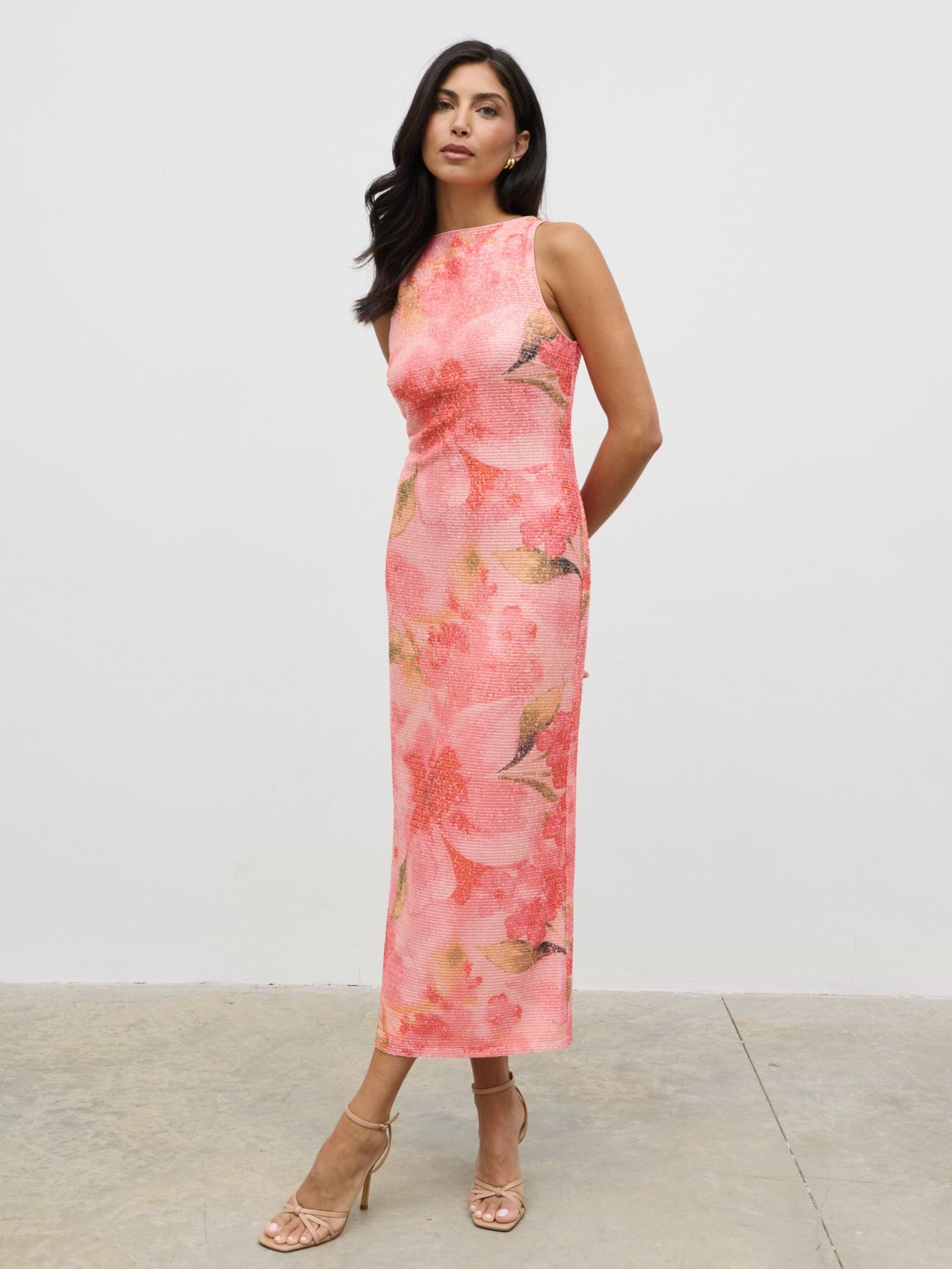 Lilou Printed Sequin Midaxi Dress - Orange Large Scale Floral