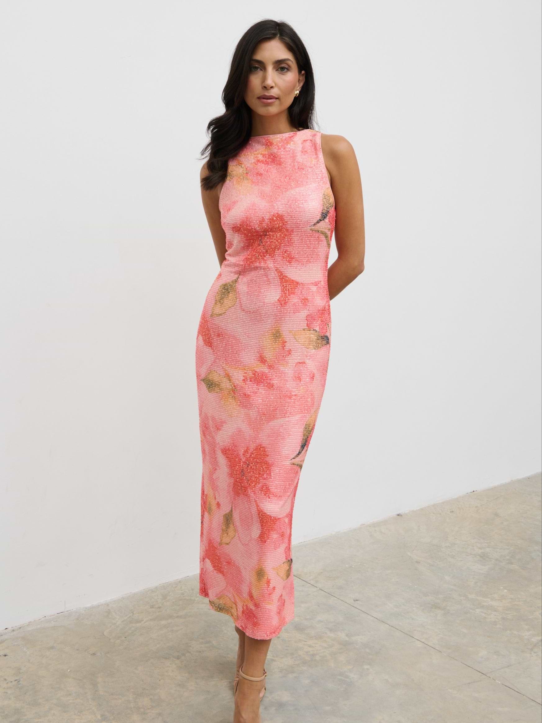 Lilou Printed Sequin Midaxi Dress - Orange Large Scale Floral