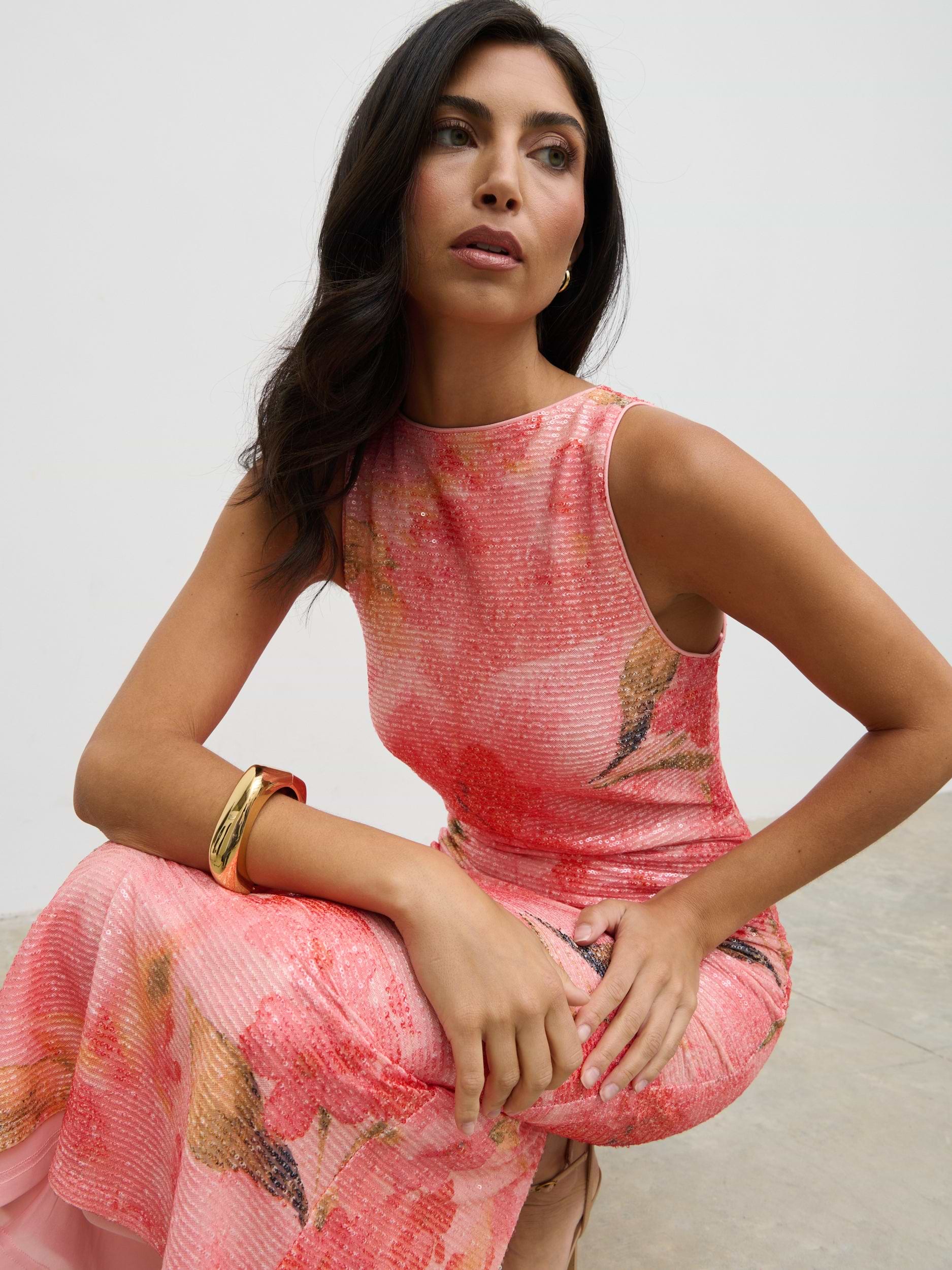 Lilou Printed Sequin Midaxi Dress - Orange Large Scale Floral