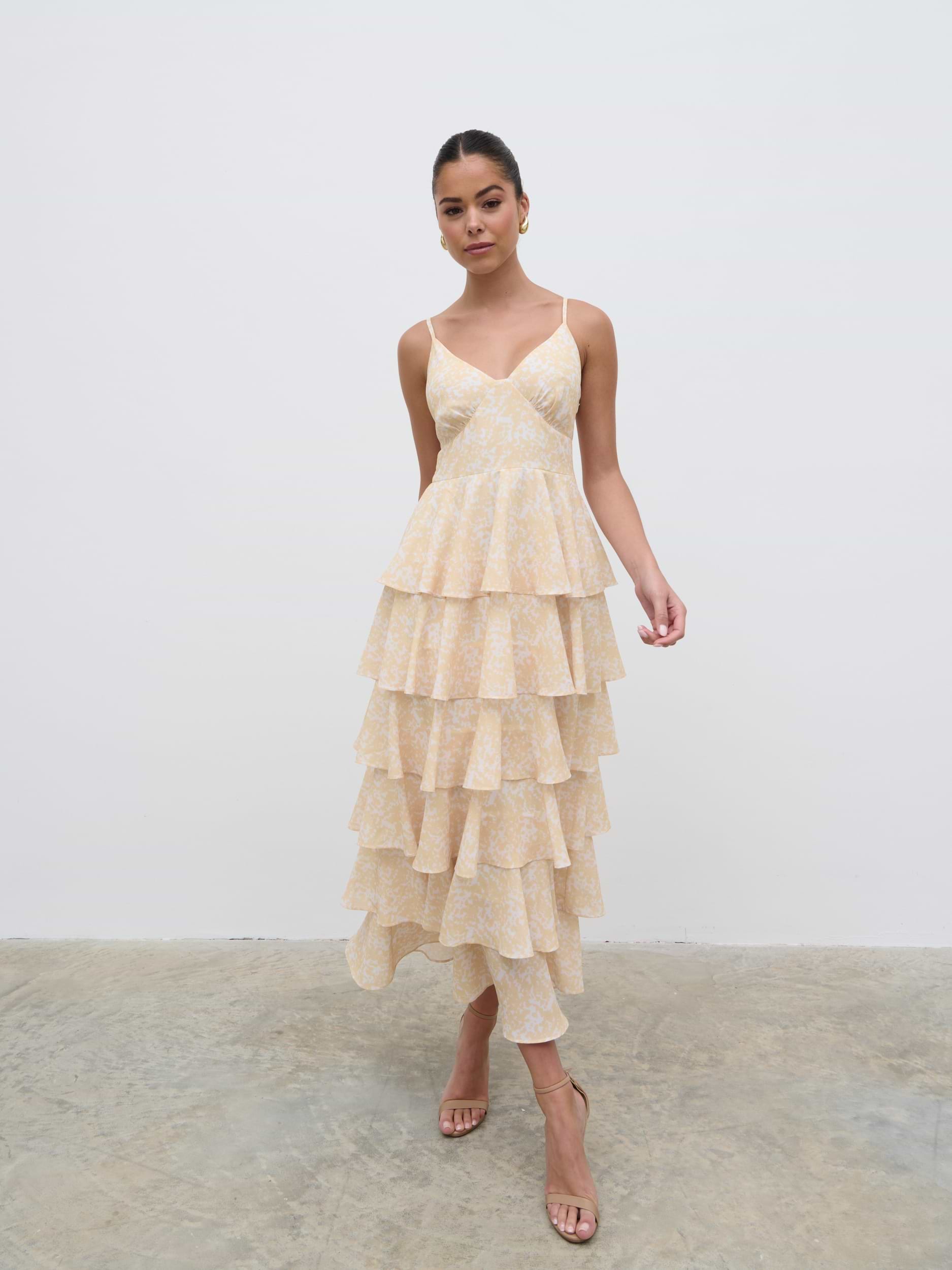 Lissy Ruffle Midaxi Dress - Yellow Abstract