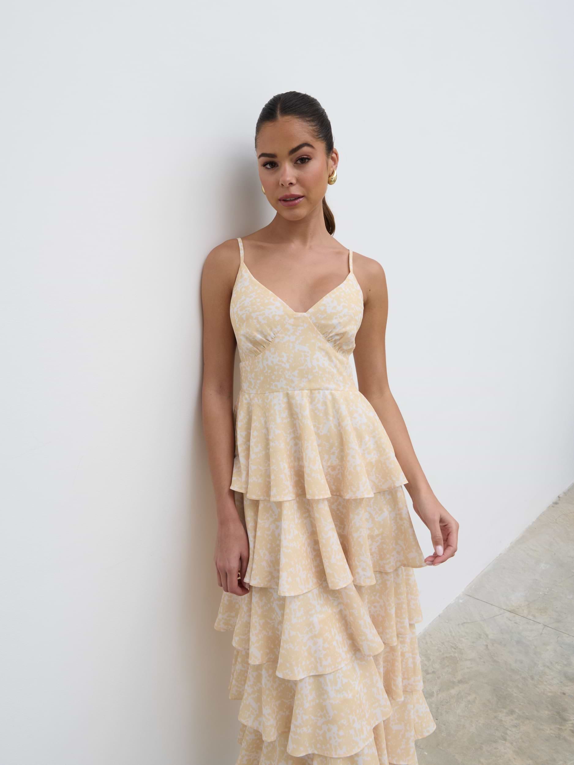 Lissy Ruffle Midaxi Dress - Yellow Abstract