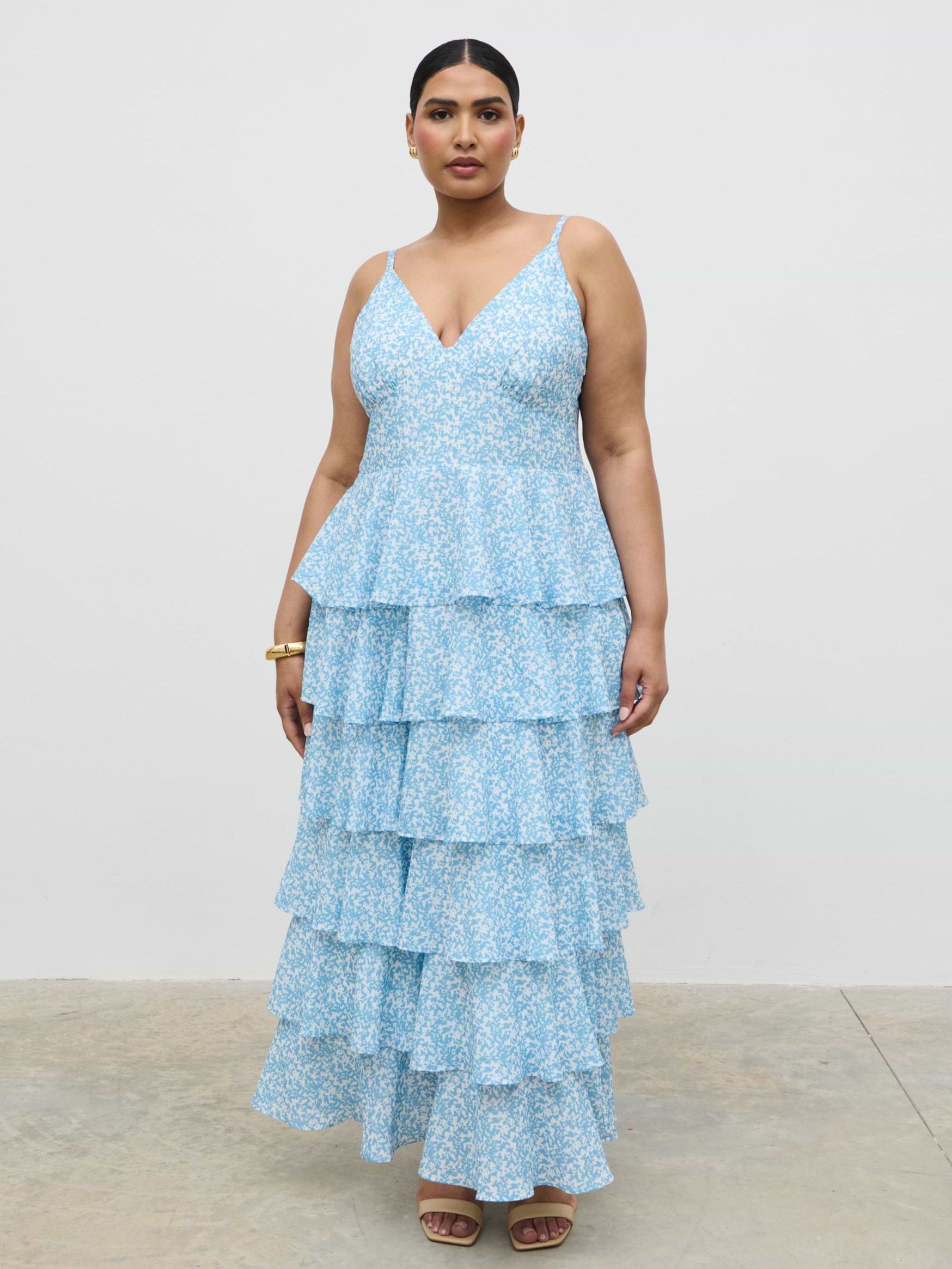 Lissy Ruffle Midaxi Dress - Blue Abstract