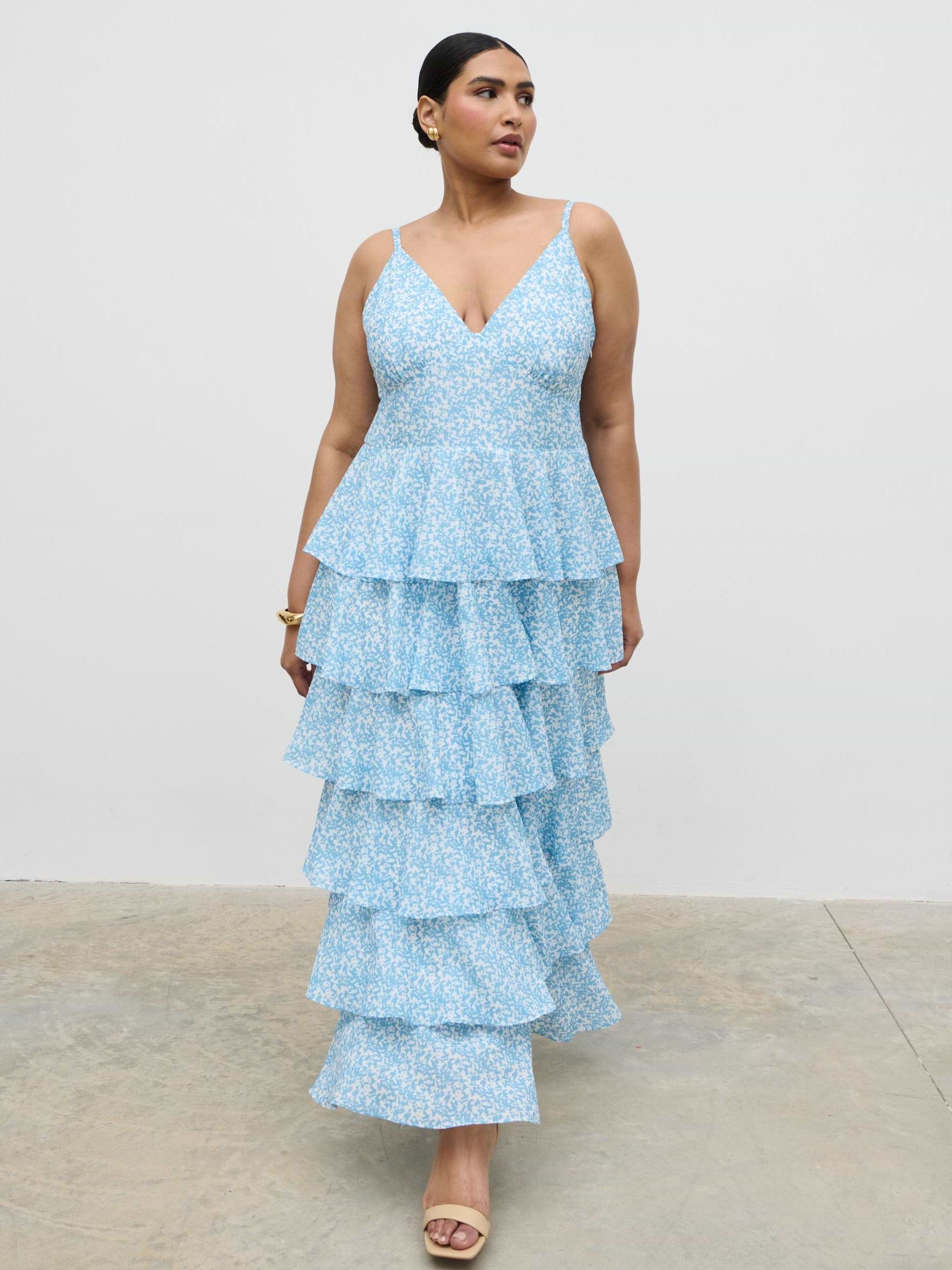 Lissy Ruffle Midaxi Dress - Blue Abstract