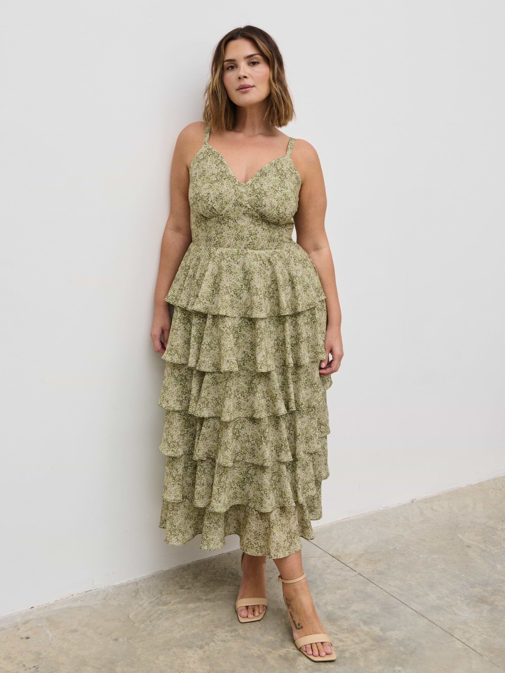 Lissy Tie Back Midaxi Dress Curve - Green Abstract