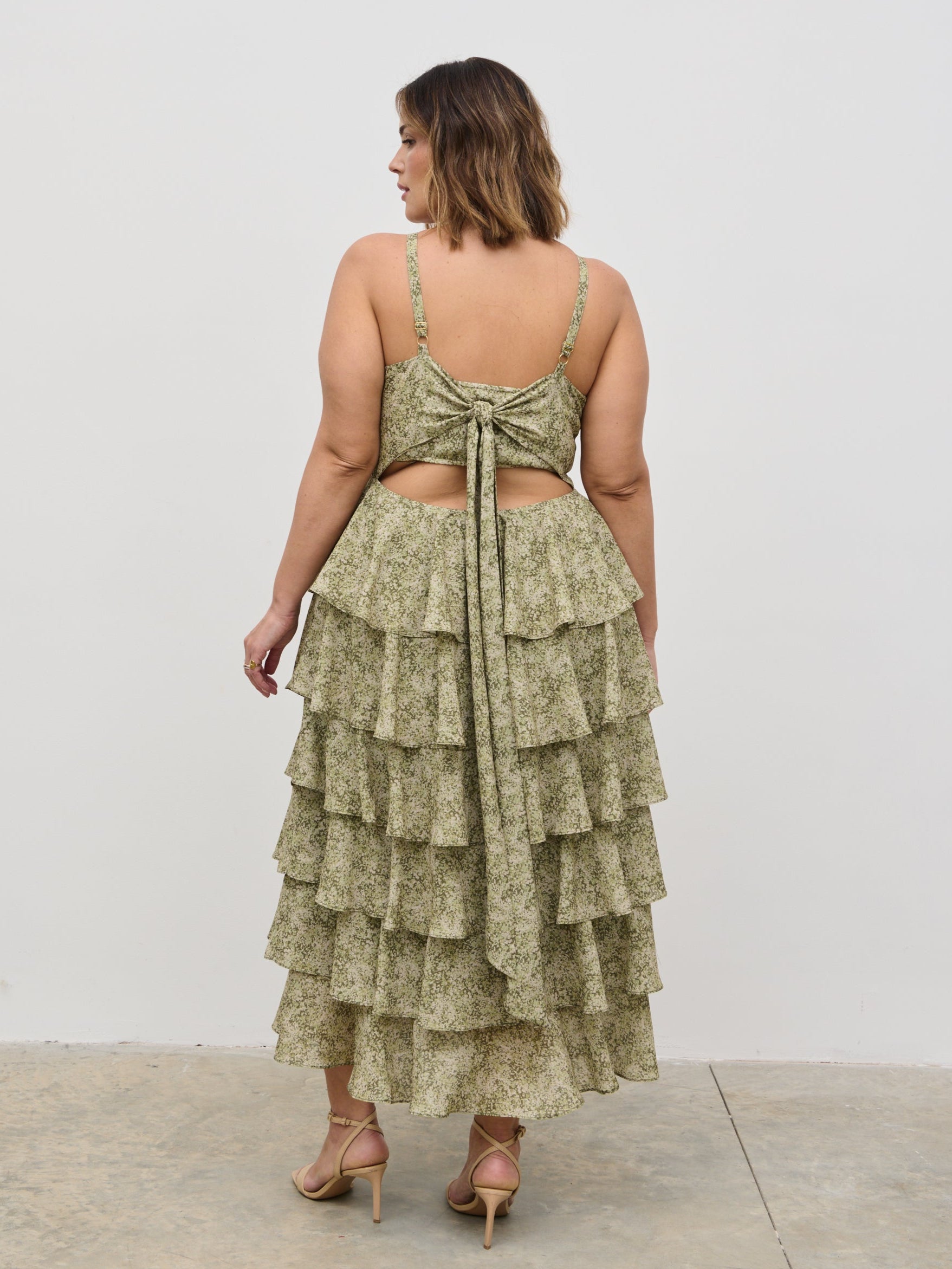 Lissy Tie Back Midaxi Dress Curve - Green Abstract