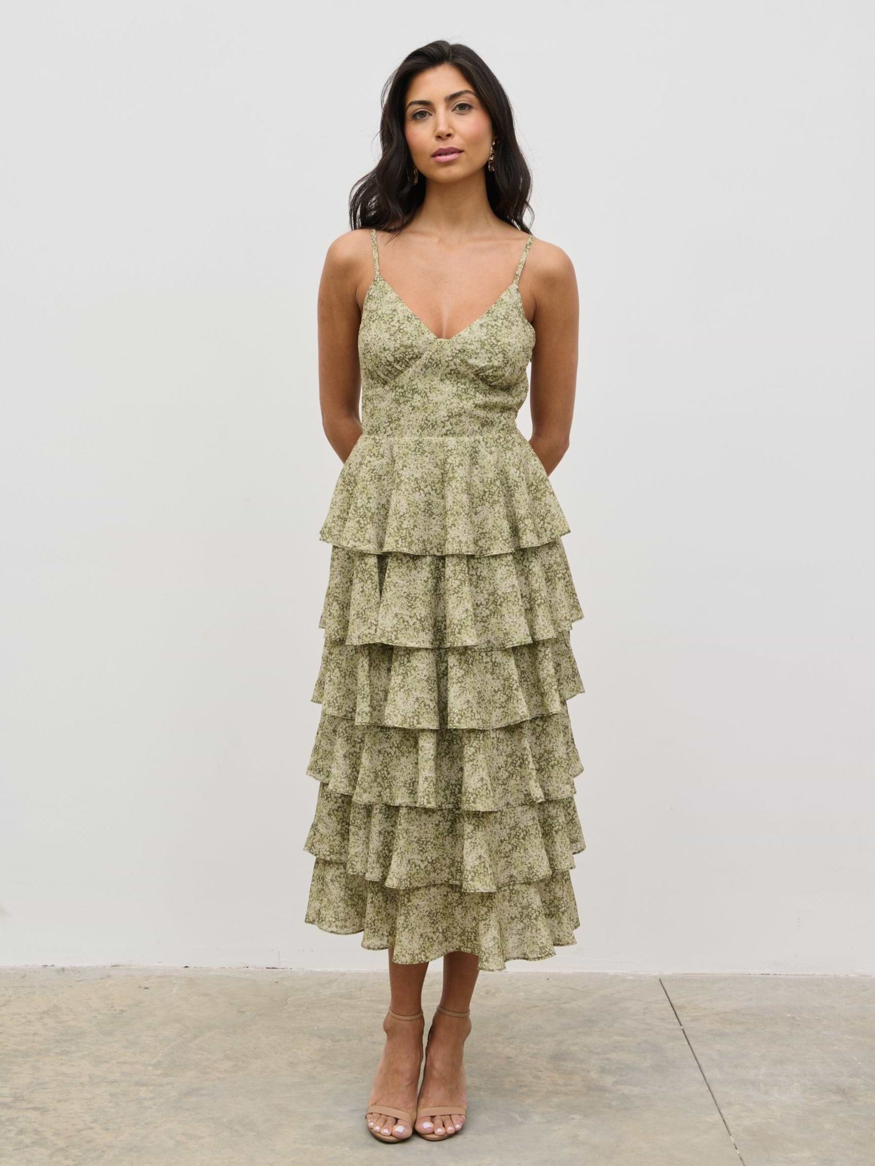 Lissy Tie Back Midaxi Dress - Green Abstract