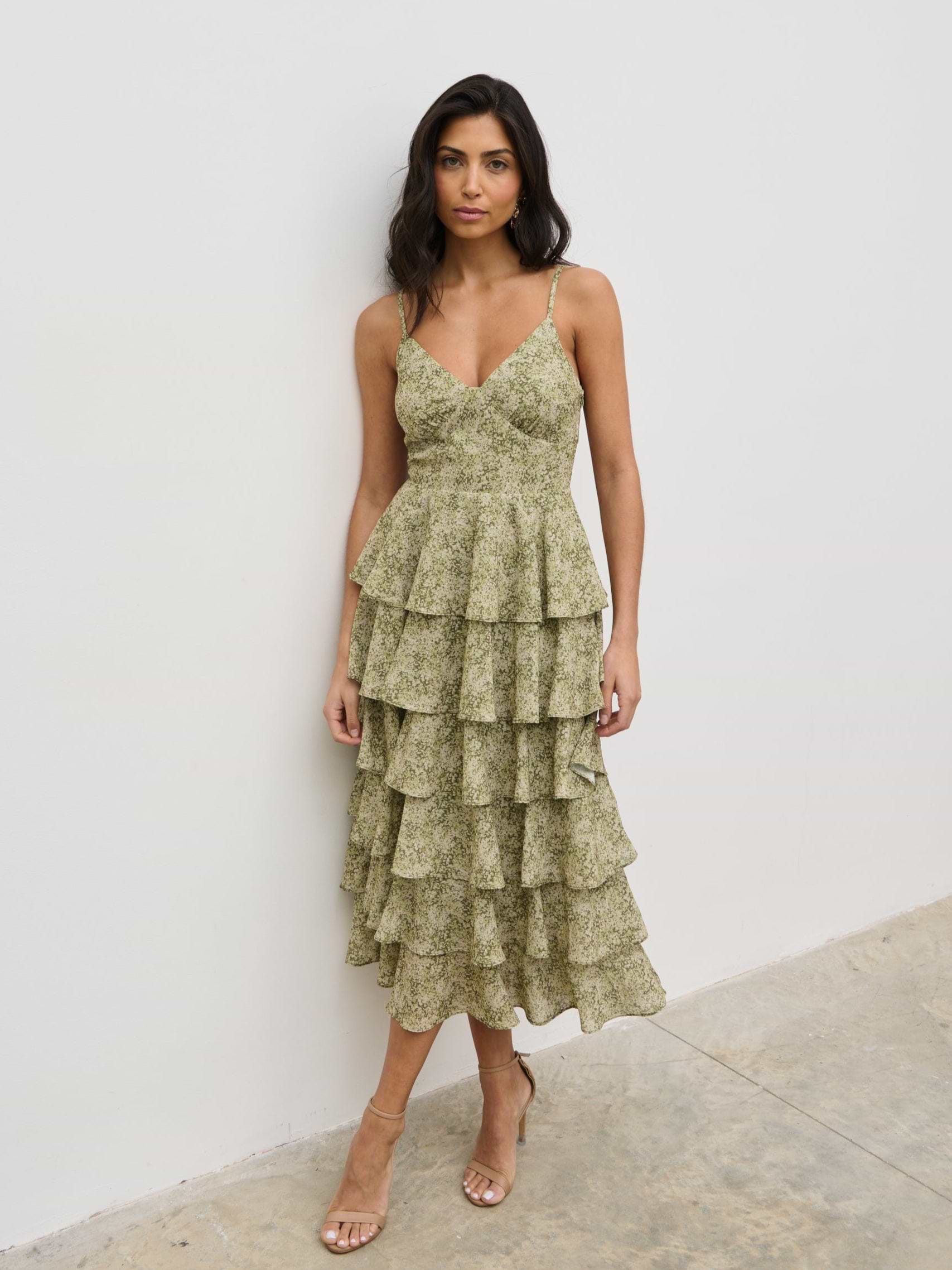 Lissy Tie Back Midaxi Dress - Green Abstract