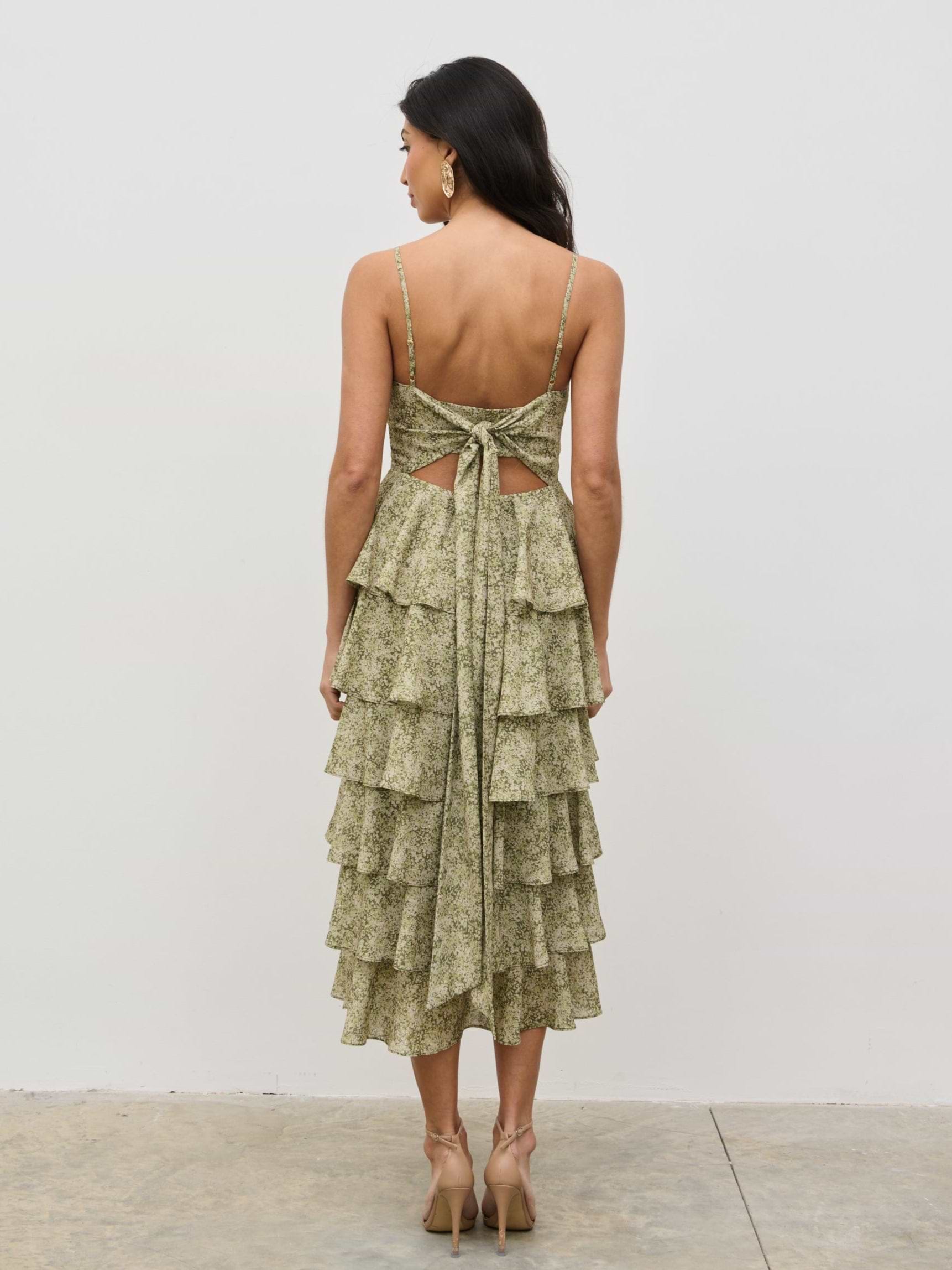 Lissy Tie Back Midaxi Dress - Green Abstract
