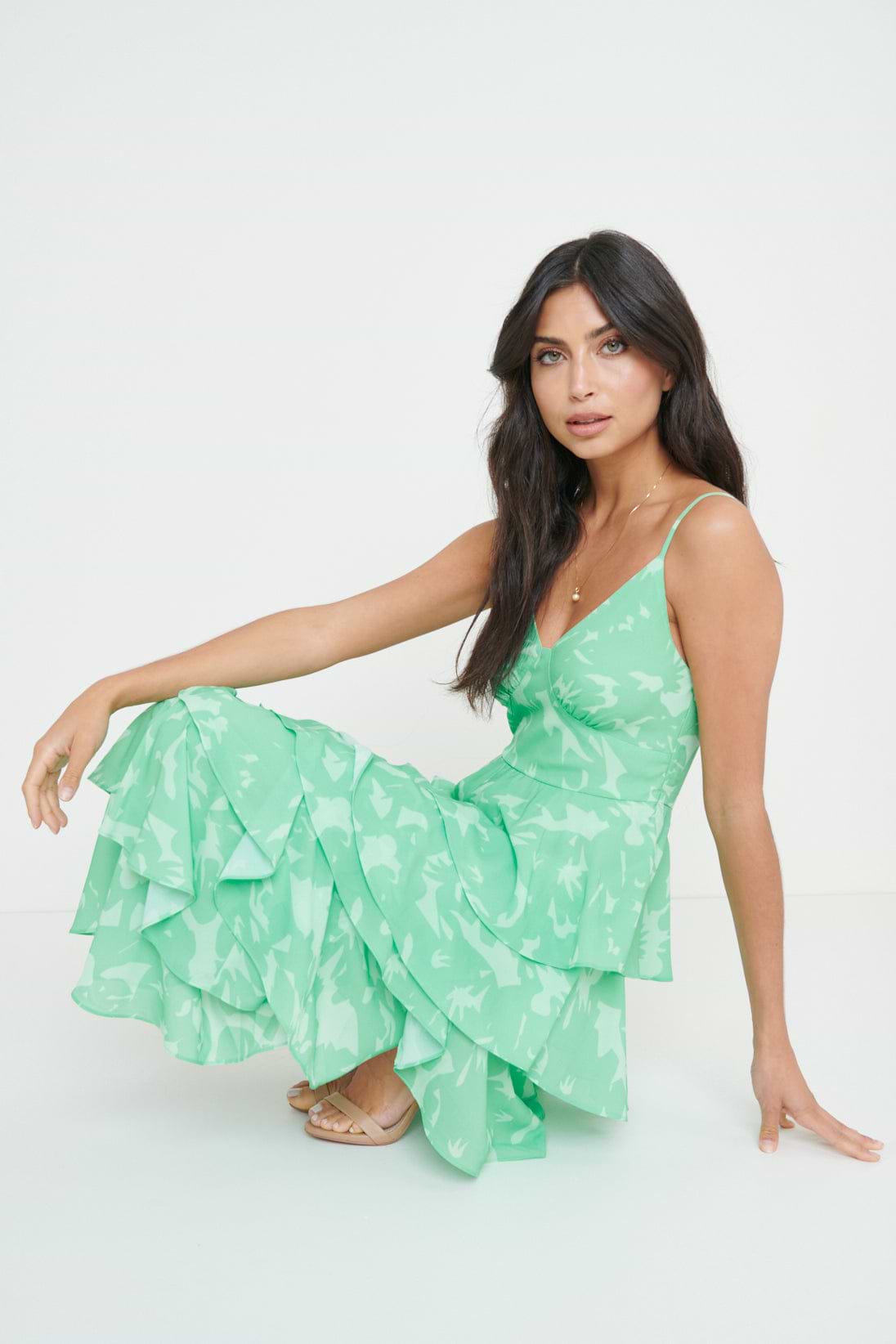 Lissy Ruffle Midaxi Dress - Green Floral