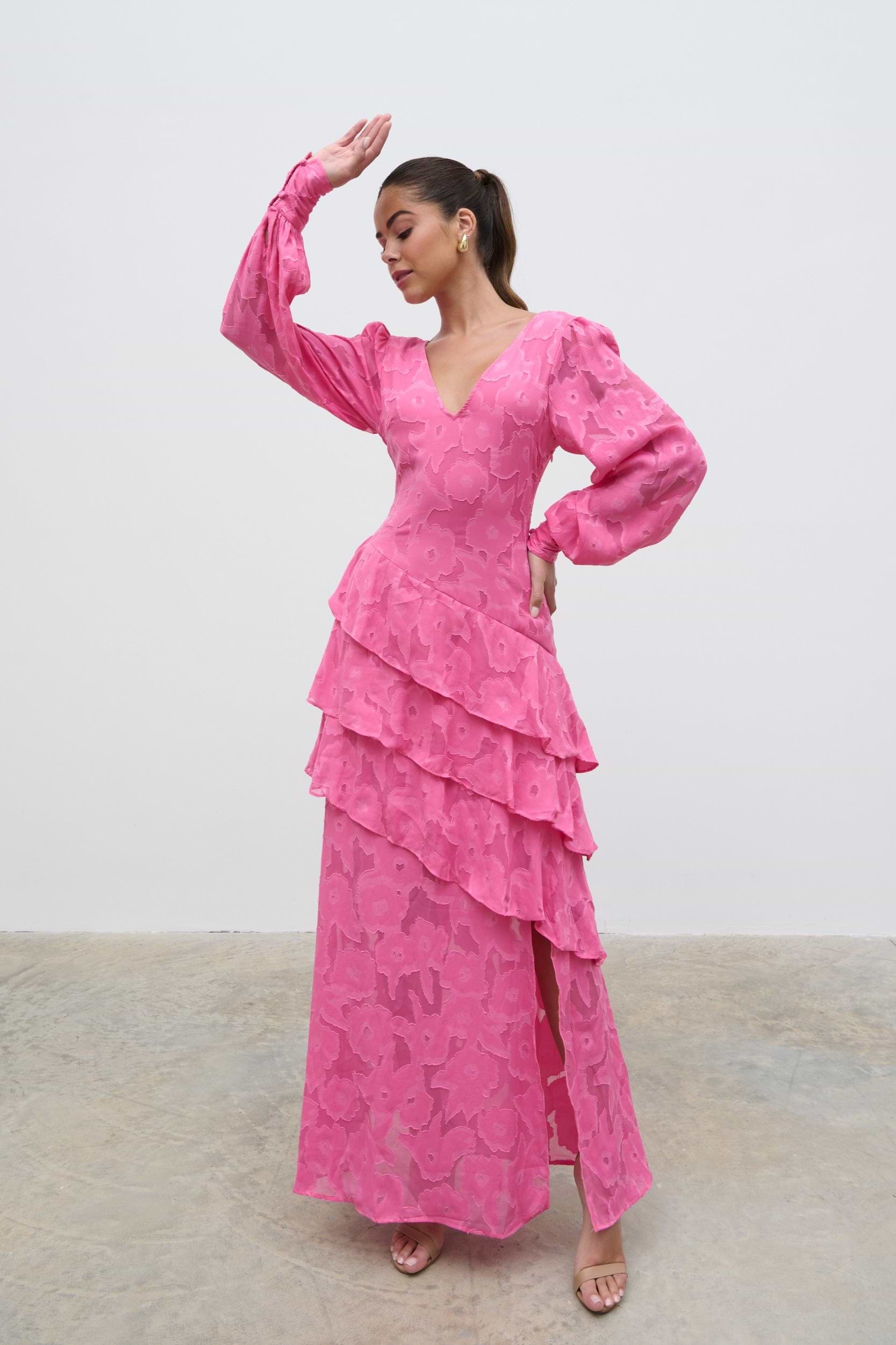 Lois Cross Back Jaquard Maxi Dress - Fuchsia