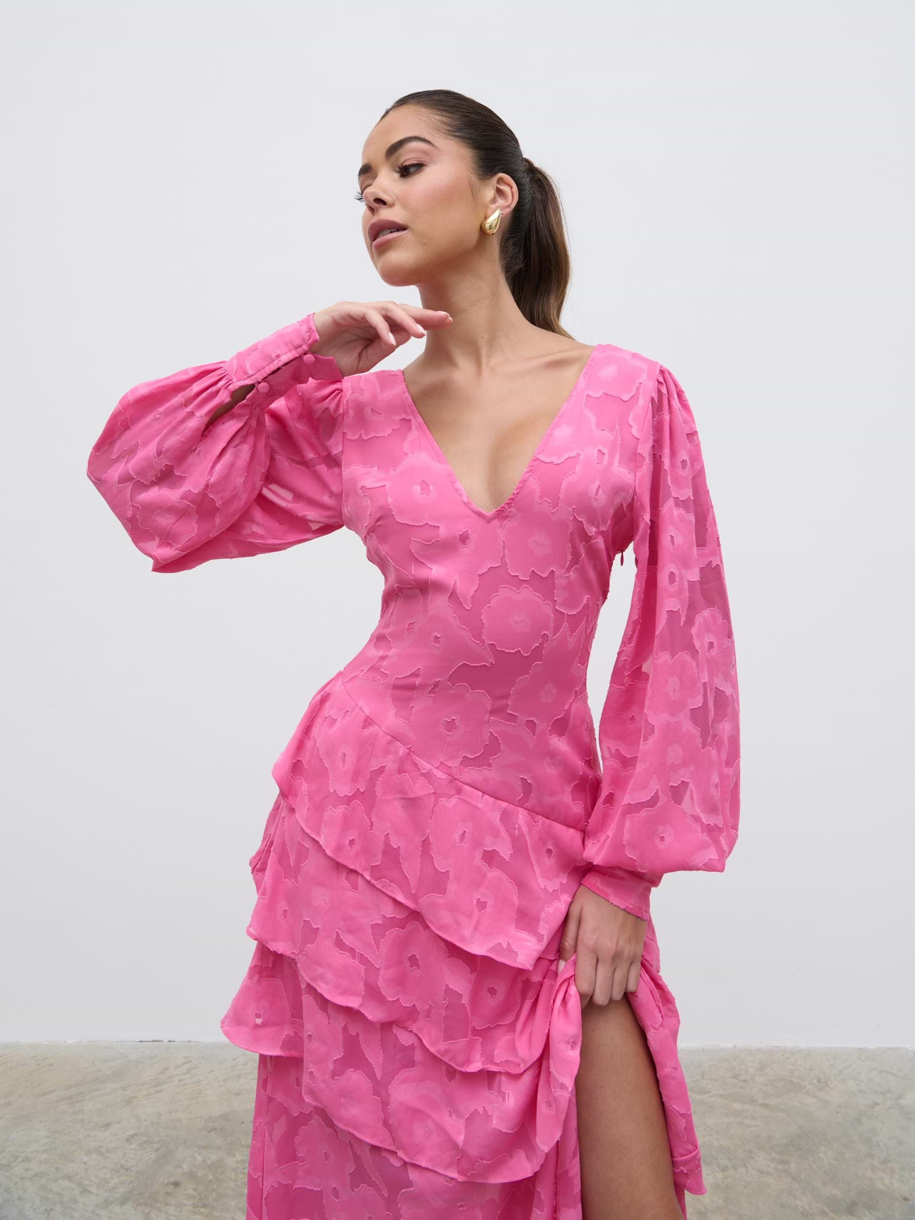 Lois Cross Back Jaquard Maxi Dress - Fuchsia
