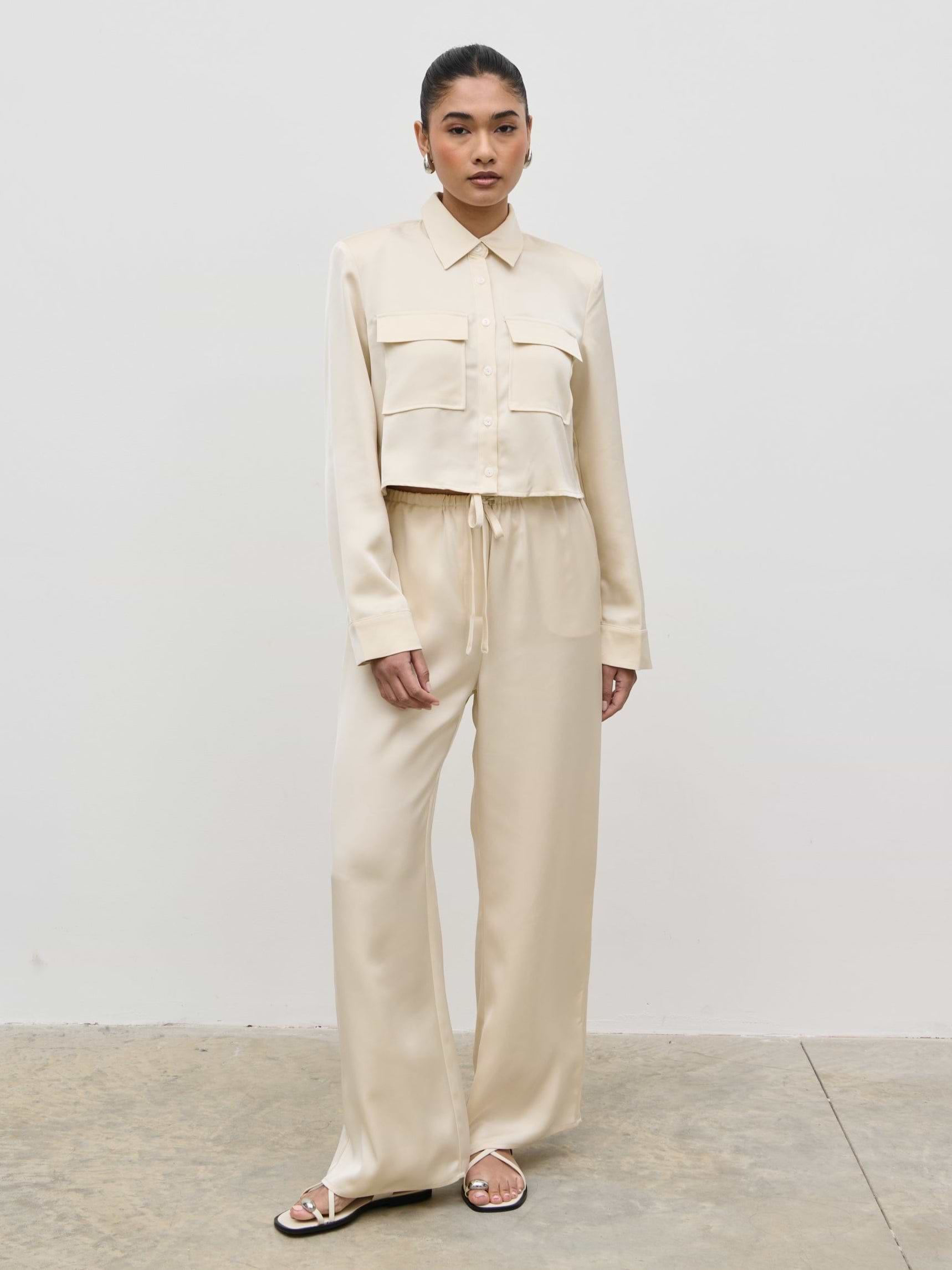 Breya Satin Drawstring Trousers - Cream