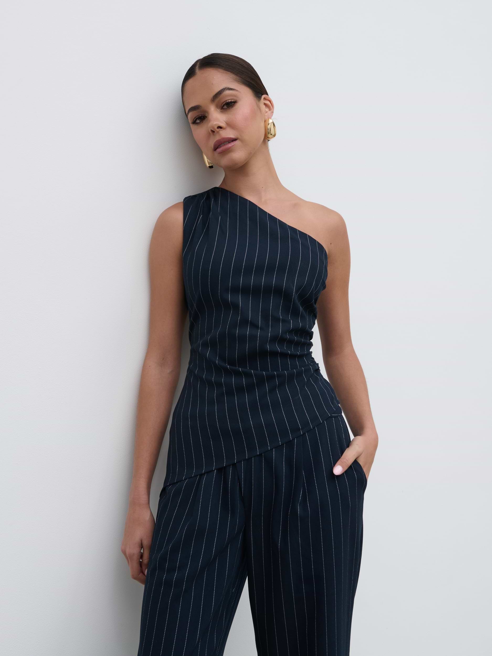 Lorna One Shoulder Ruched Pinstripe Top - Navy