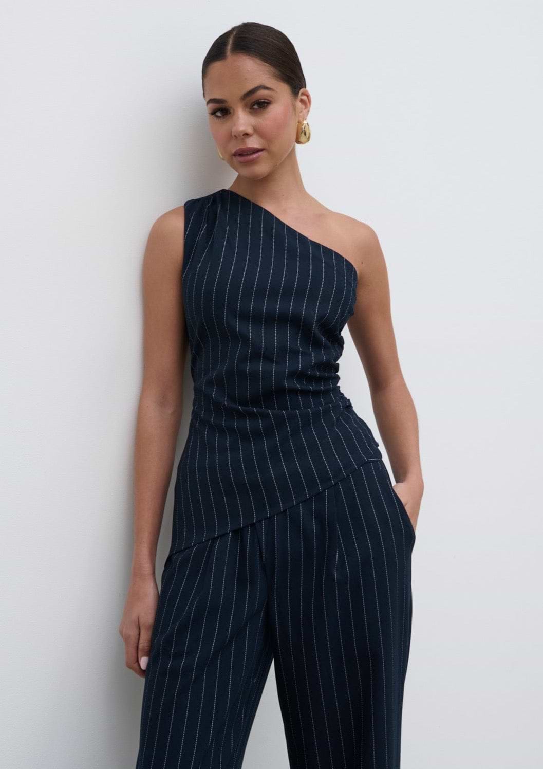 Lorna One Shoulder Ruched Pinstripe Top - Navy