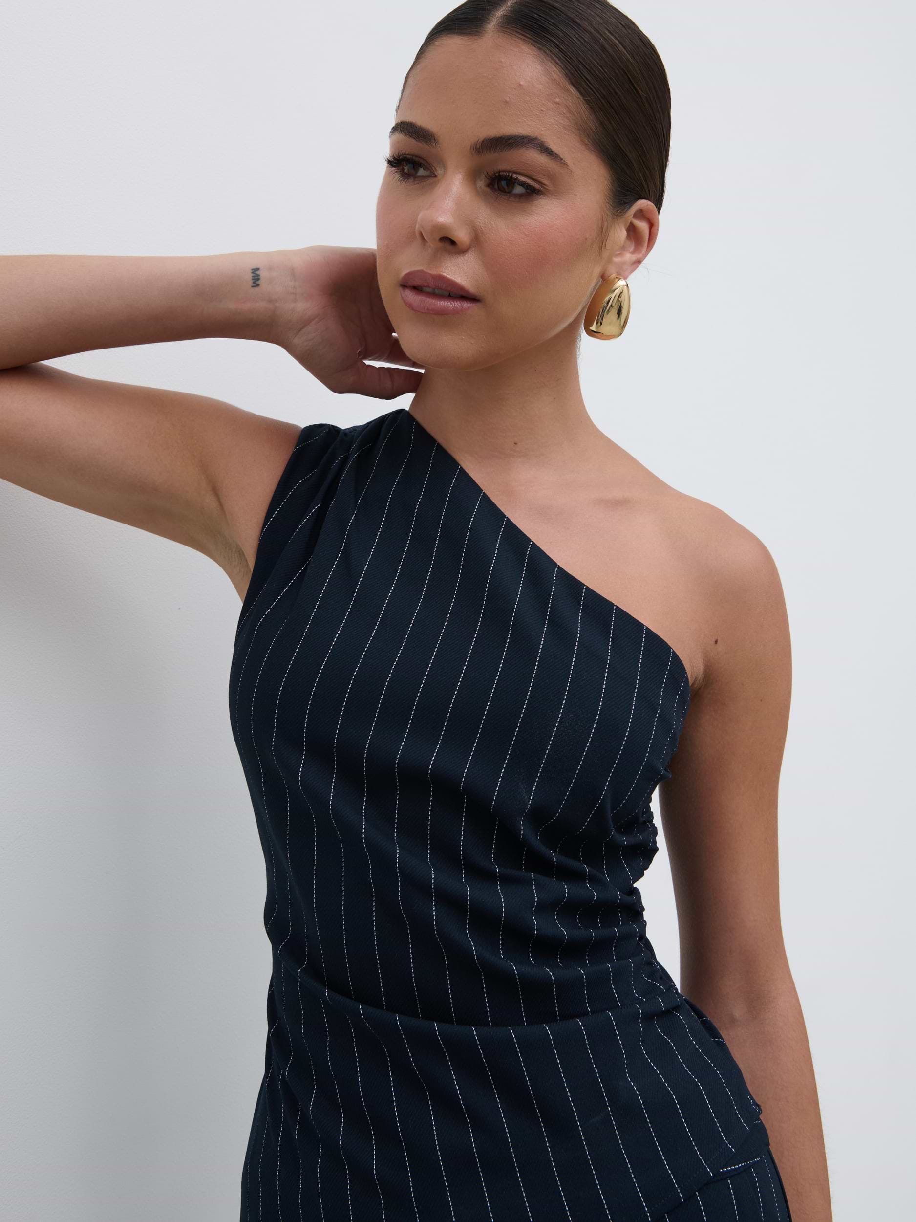 Lorna One Shoulder Ruched Pinstripe Top - Navy