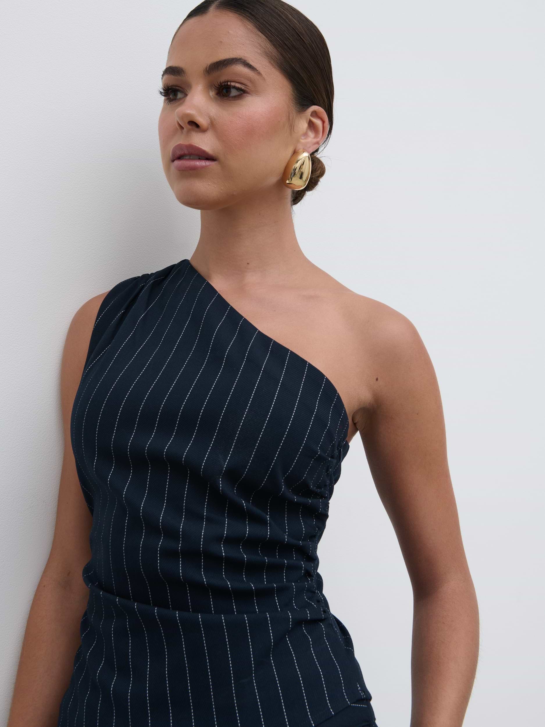 Lorna One Shoulder Ruched Pinstripe Top - Navy