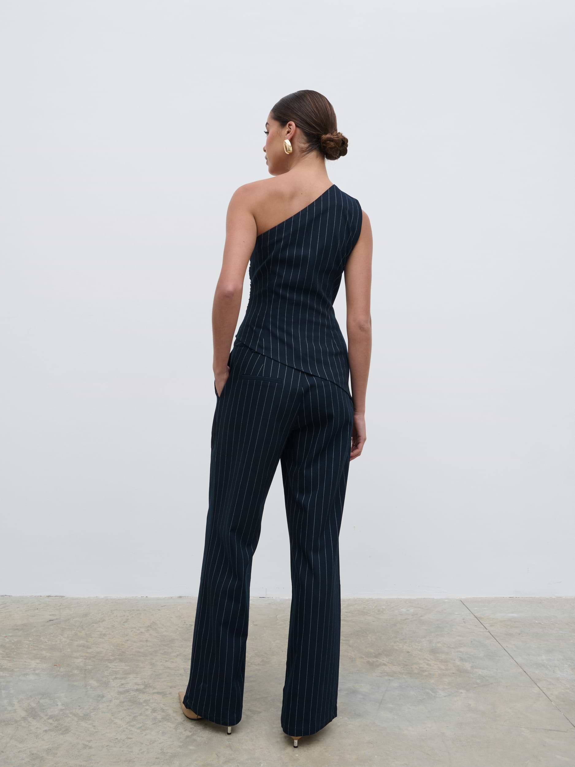 Lorna One Shoulder Ruched Pinstripe Top - Navy