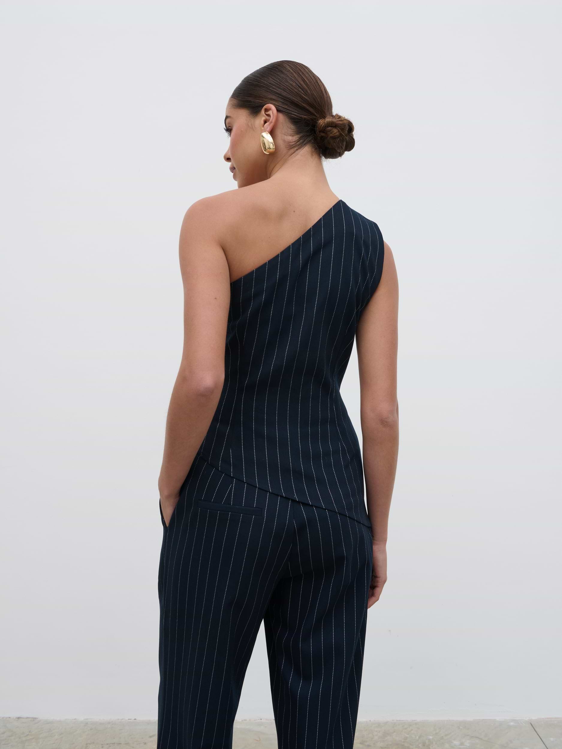 Lorna One Shoulder Ruched Pinstripe Top - Navy