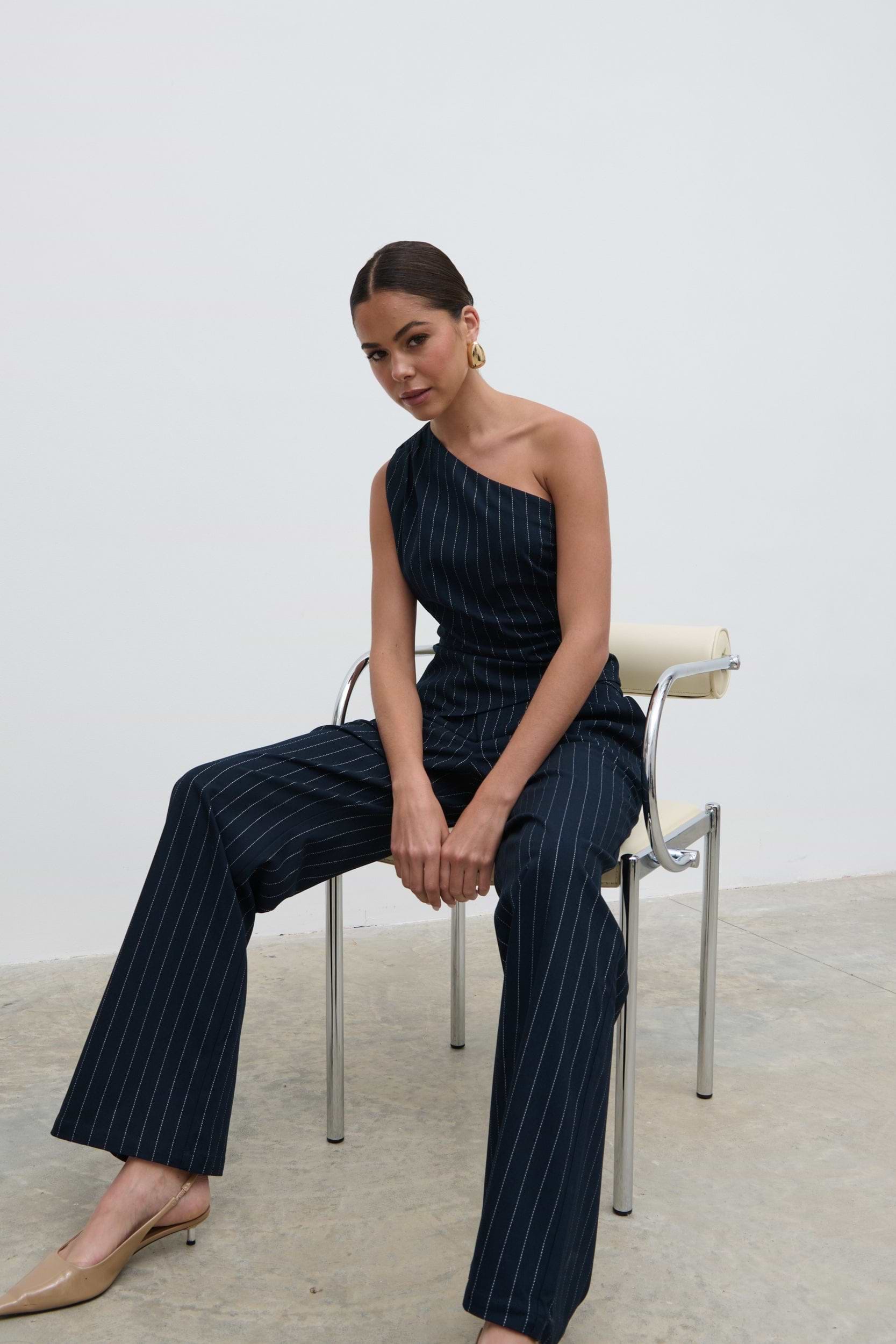 Lorna One Shoulder Ruched Pinstripe Top - Navy