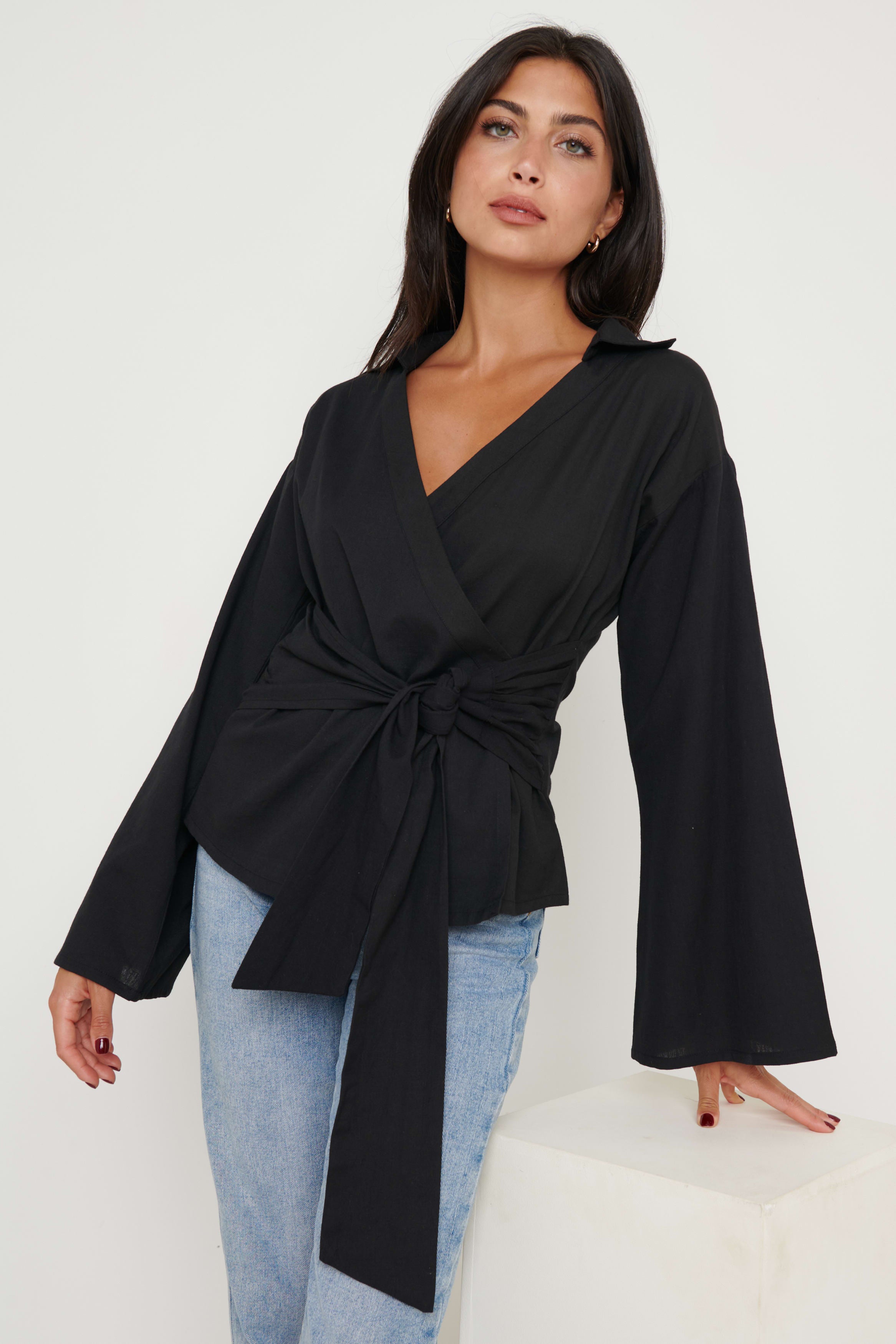 Louis Linen Wrap Blouse - Black