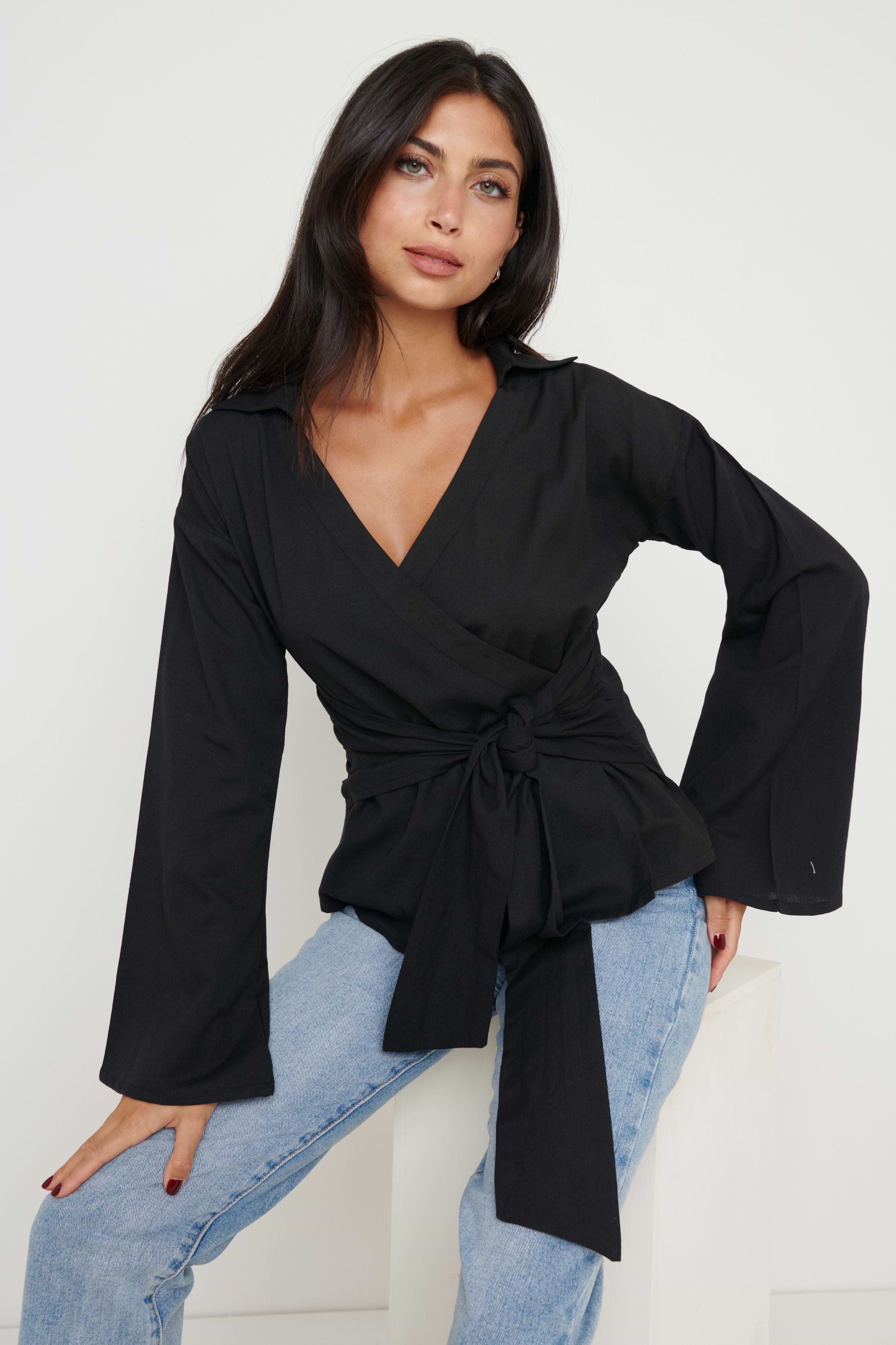 Louis Linen Wrap Blouse - Black