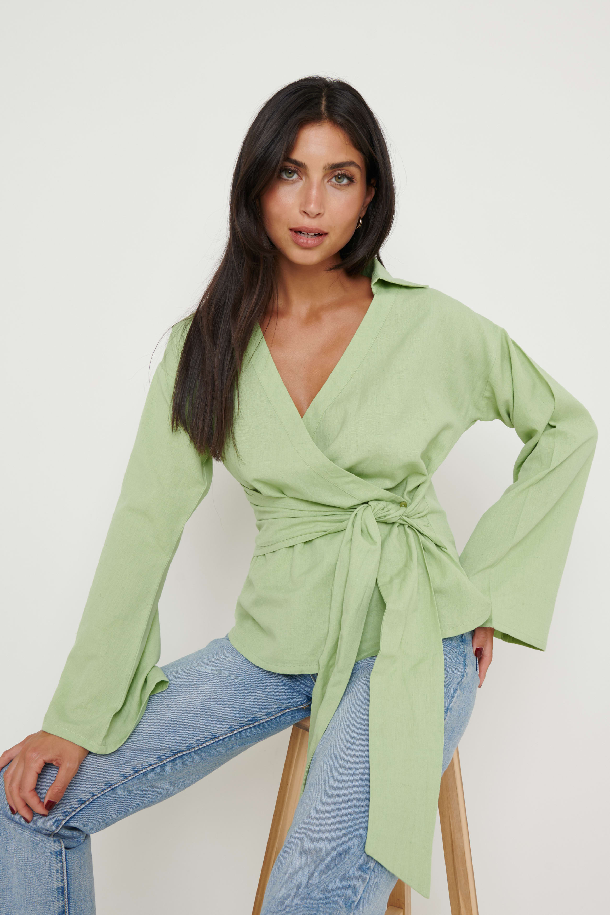 Louis Linen Wrap Blouse - Green