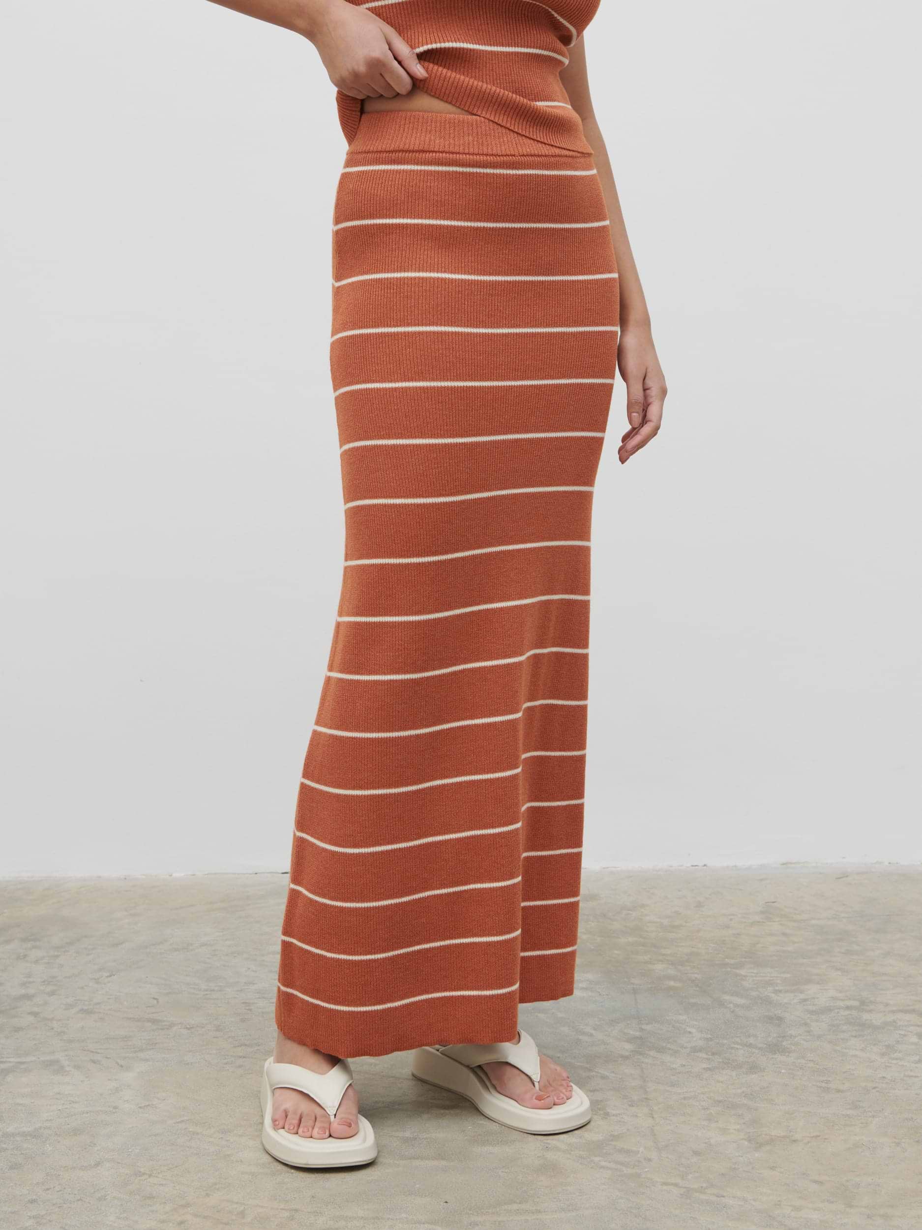 Louisa Stripe Knit Skirt - Terracotta and Cream