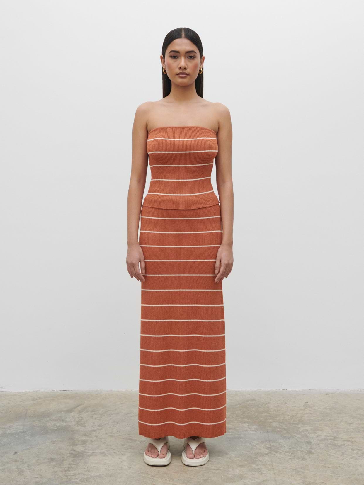 Louisa Stripe Bandeau Knit Top - Terracotta and Cream