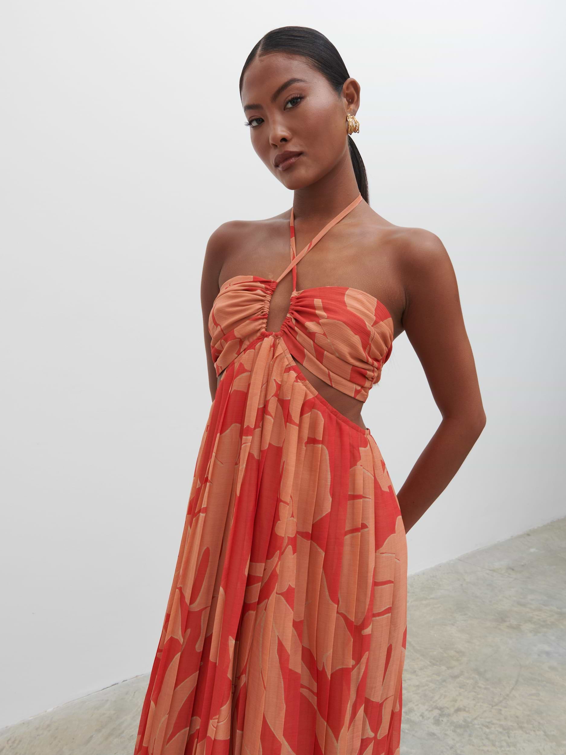Lucie Cut Out Maxi Dress - Red and Beige Floral