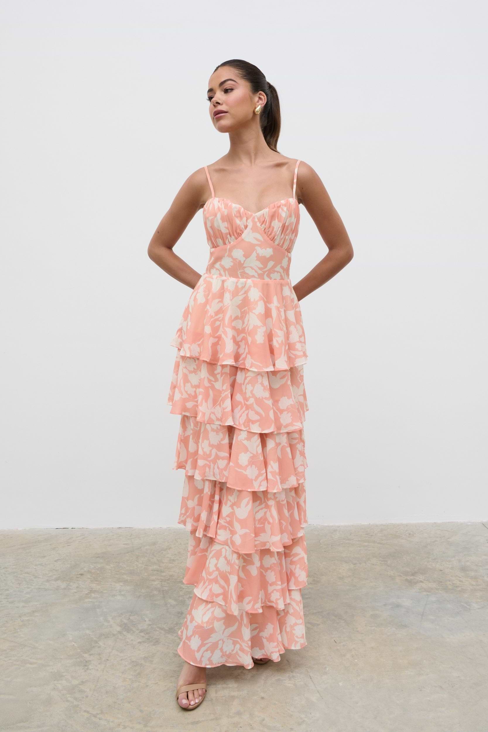 Madison Ruffle Maxi Dress - Terracotta Botanic
