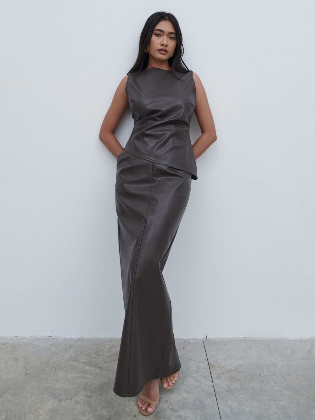 Maeve High Neck Faux Leather Top - Dark Chocolate Brown