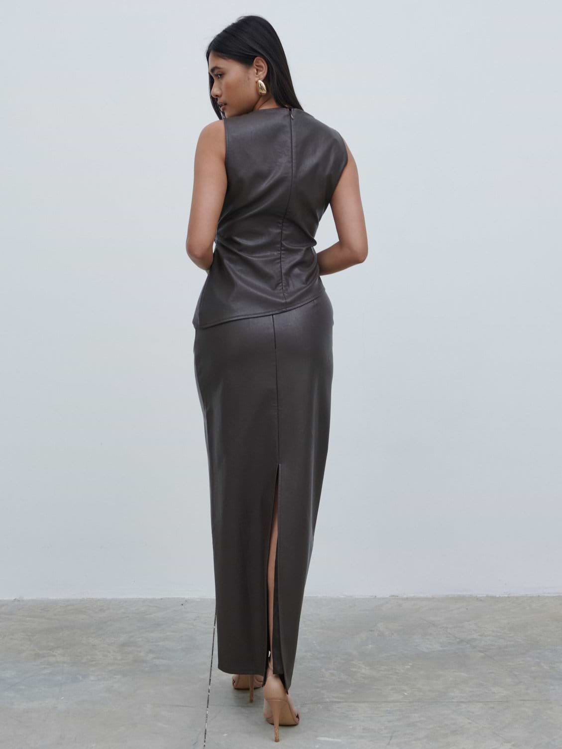 Maeve High Neck Faux Leather Top - Dark Chocolate Brown