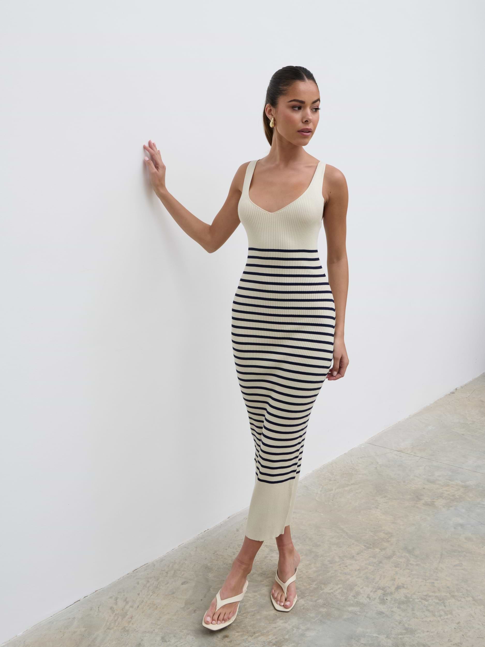 Maria Stripe Knit Midaxi Dress - Cream and Navy