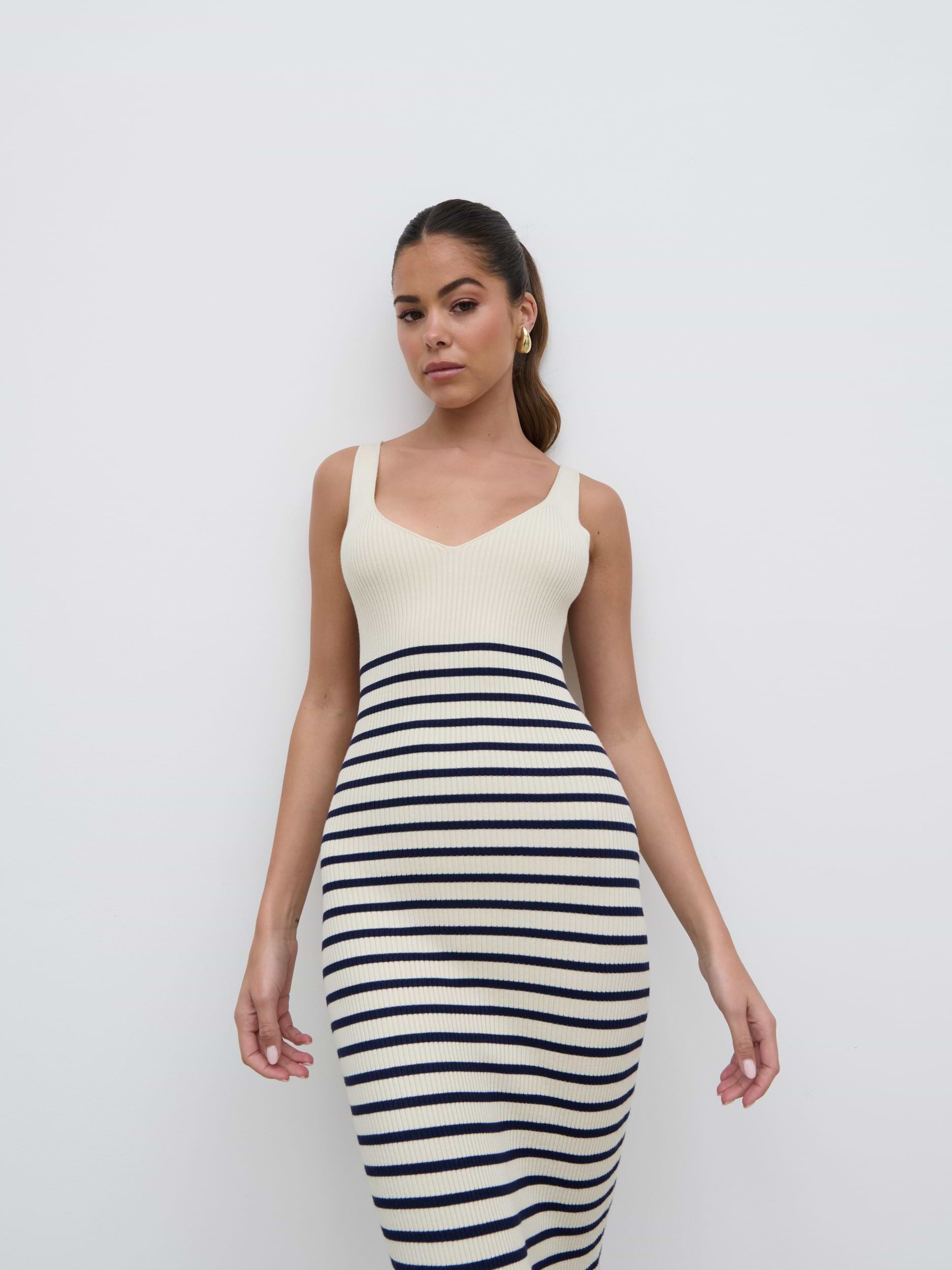 Maria Stripe Knit Midaxi Dress - Cream and Navy