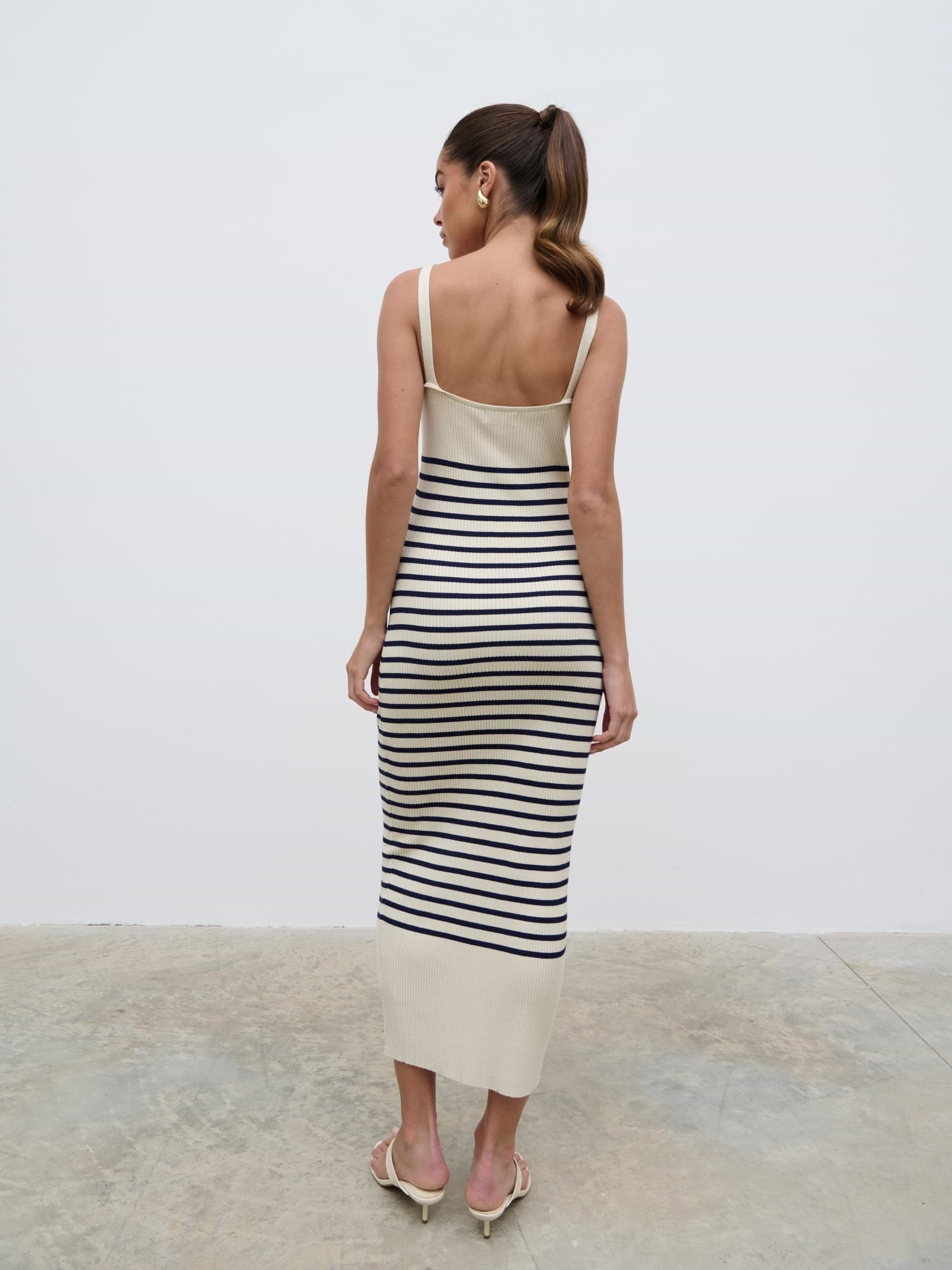 Maria Stripe Knit Midaxi Dress - Cream and Navy