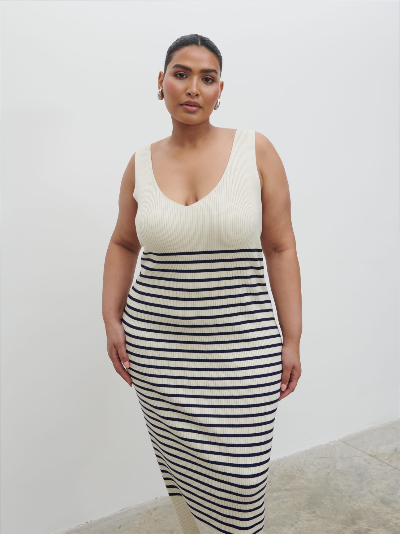 Maria Stripe Knit Midaxi Dress Curve - Cream and Navy