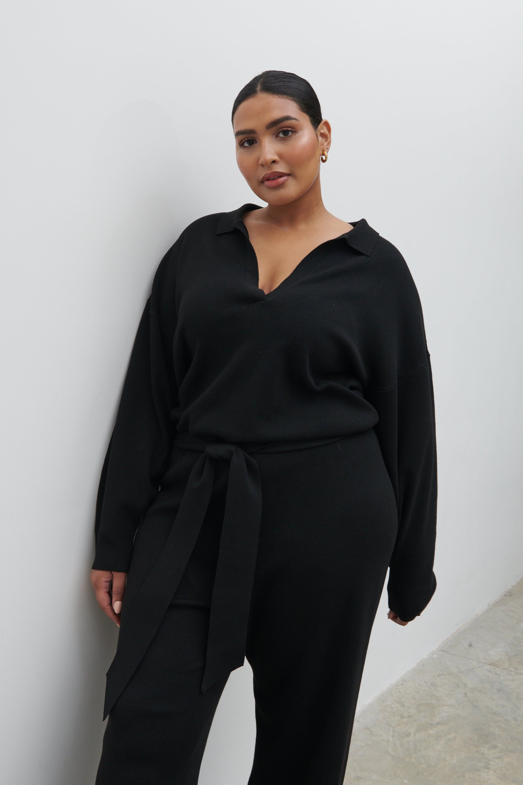 Meg Belted Knit Jumpsuit Curve - Black