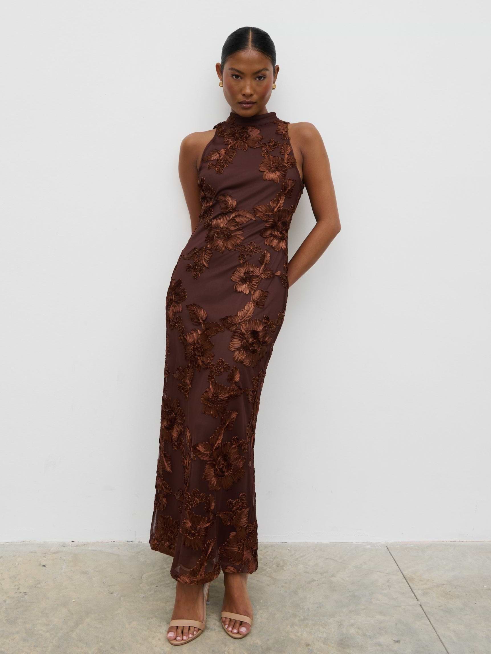 Meg Racer Midaxi Dress - Chocolate Jacquard Floral