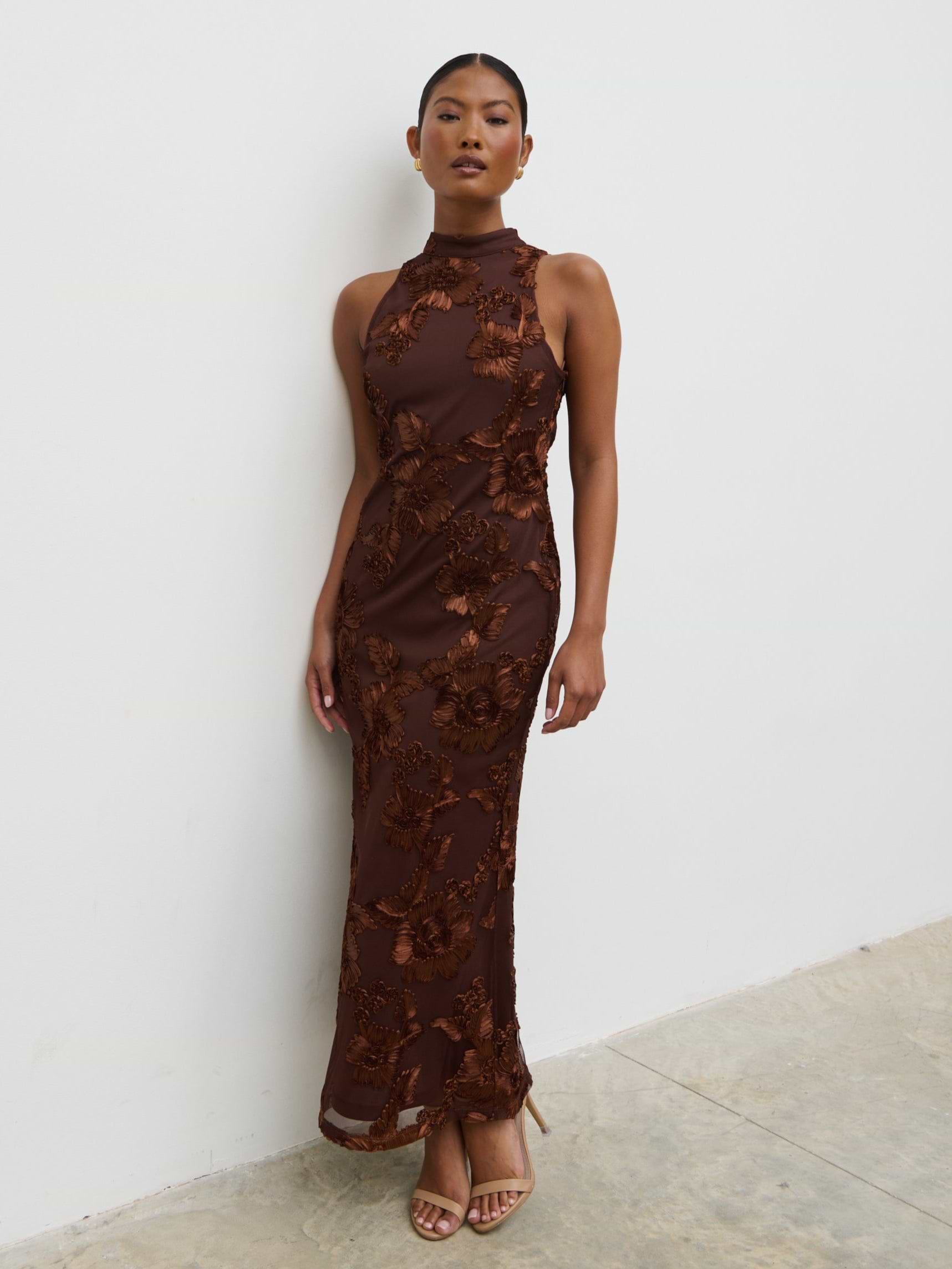 Meg Racer Midaxi Dress - Chocolate Jacquard Floral