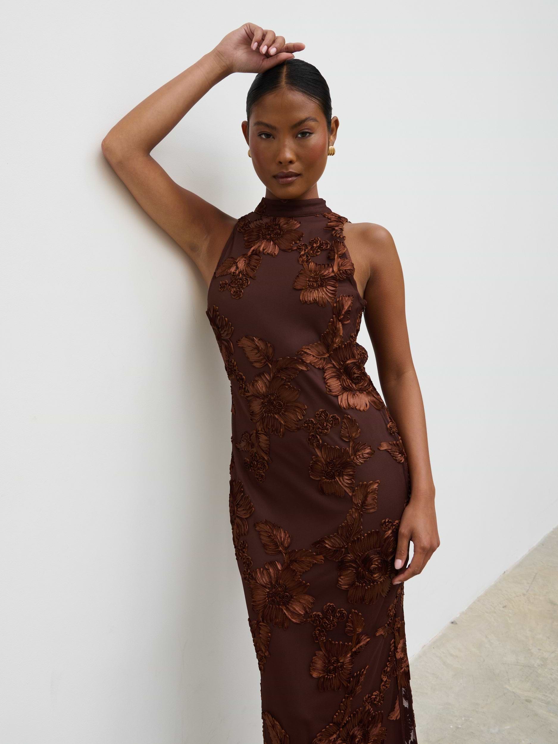 Meg Racer Midaxi Dress - Chocolate Jacquard Floral