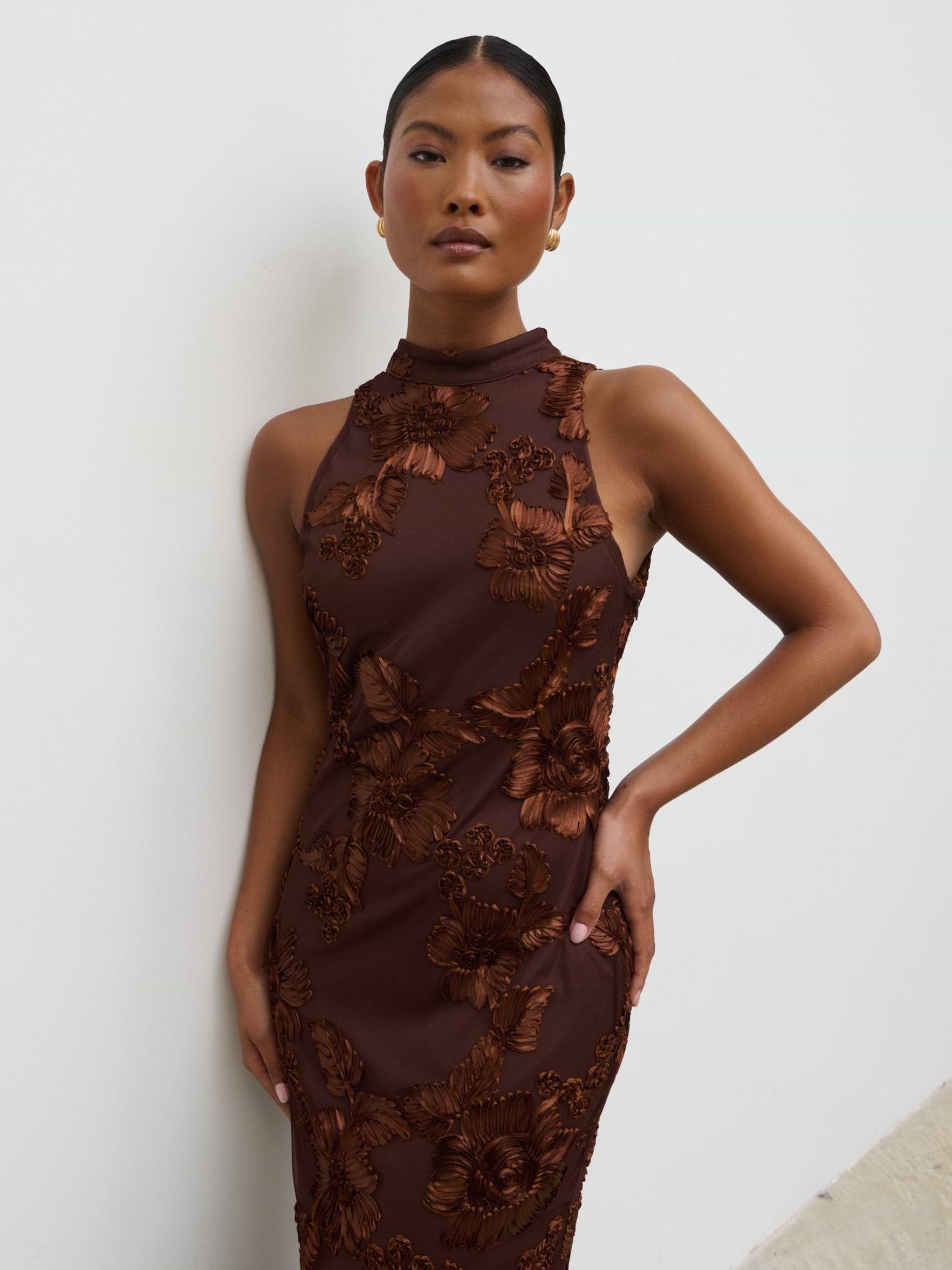 Meg Racer Midaxi Dress - Chocolate Jacquard Floral