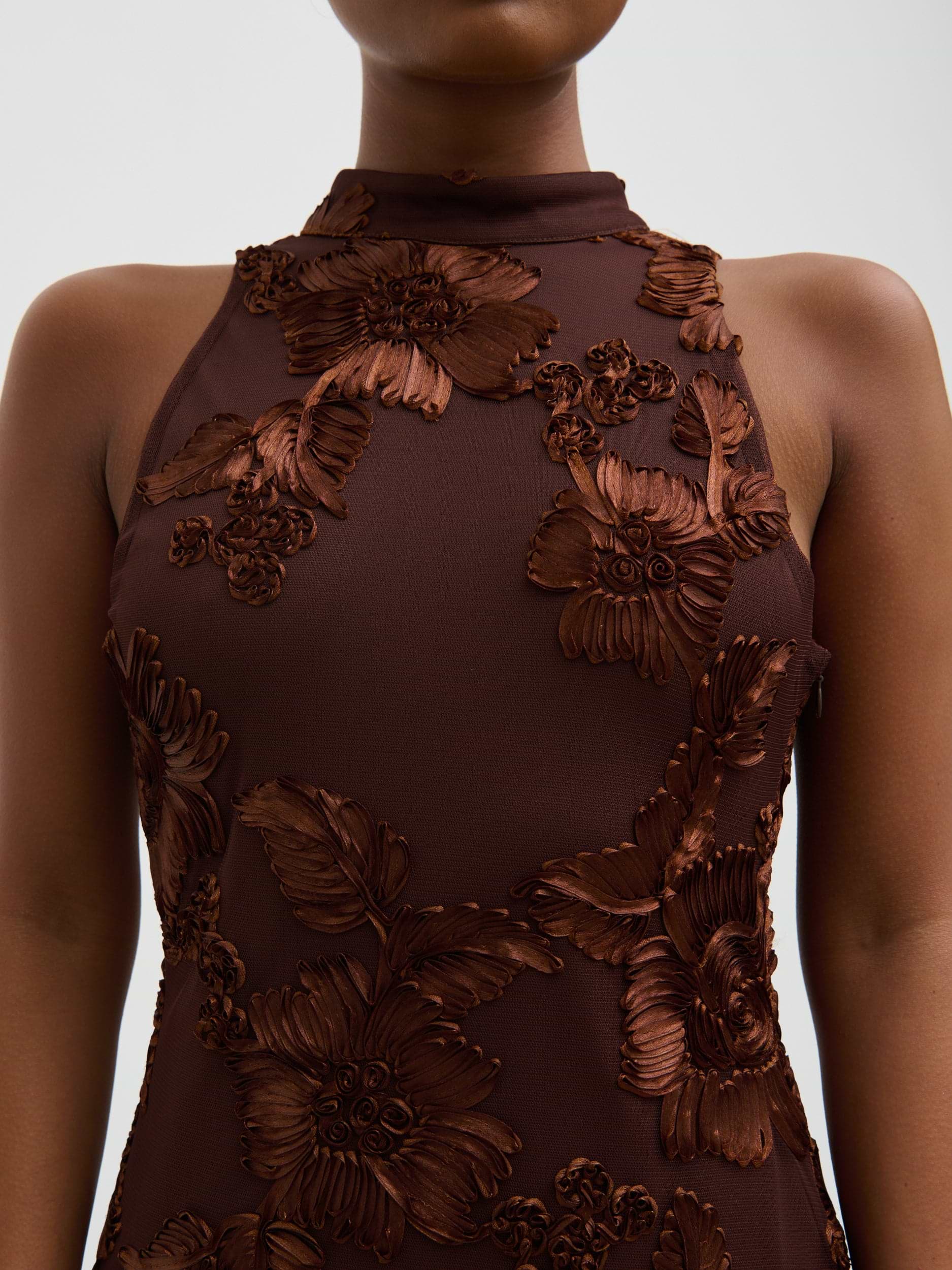 Meg Racer Midaxi Dress - Chocolate Jacquard Floral