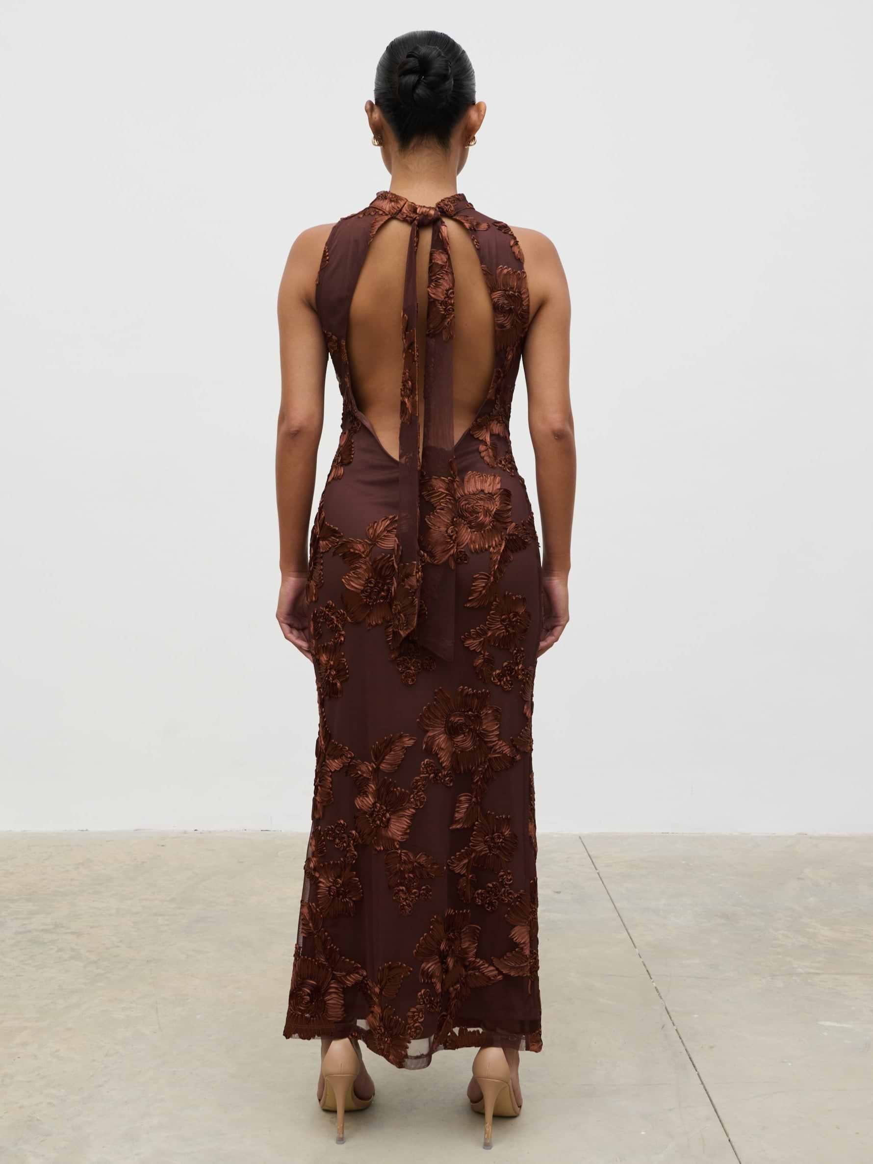 Meg Racer Midaxi Dress - Chocolate Jacquard Floral
