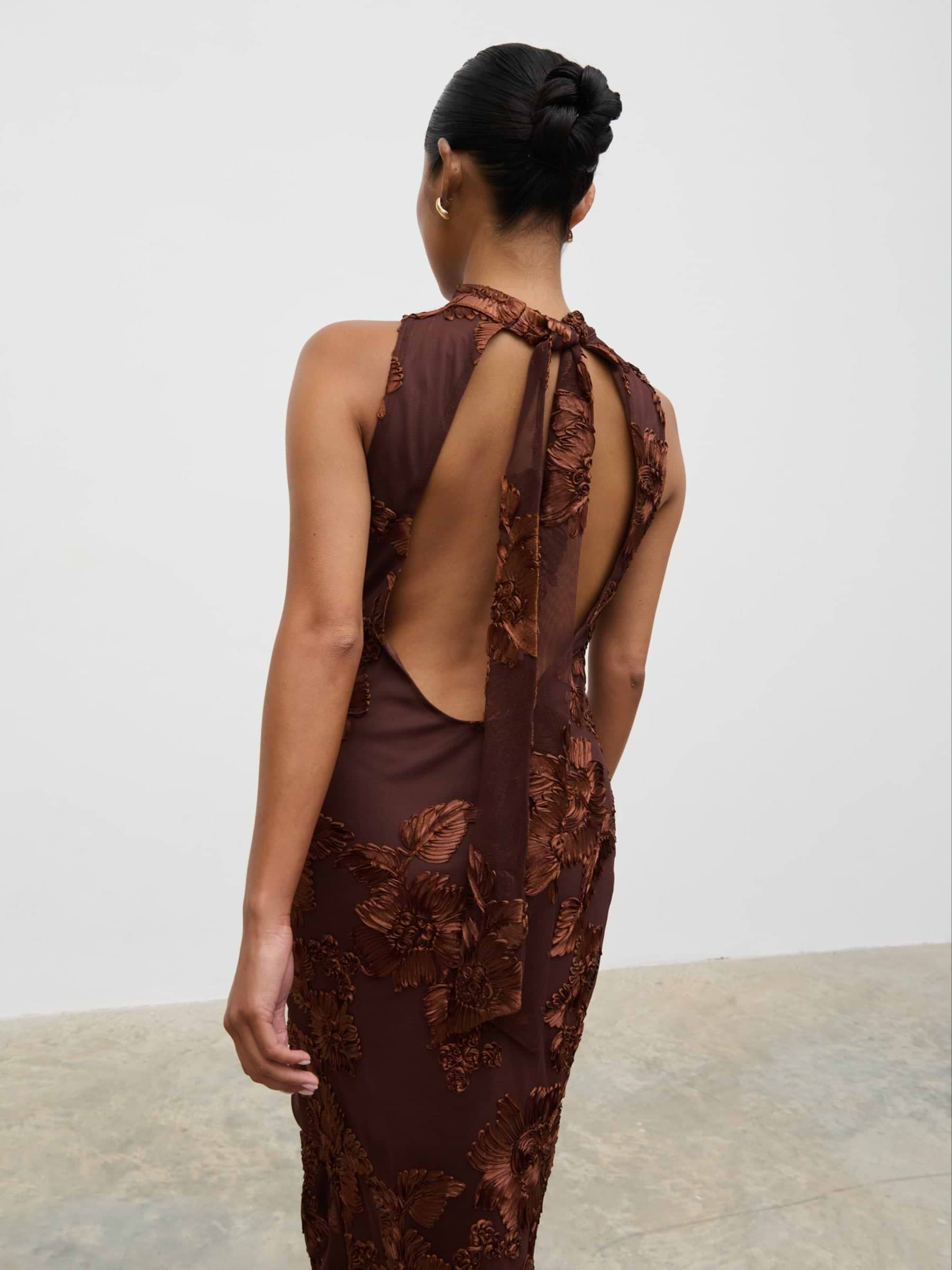 Meg Racer Midaxi Dress - Chocolate Jacquard Floral