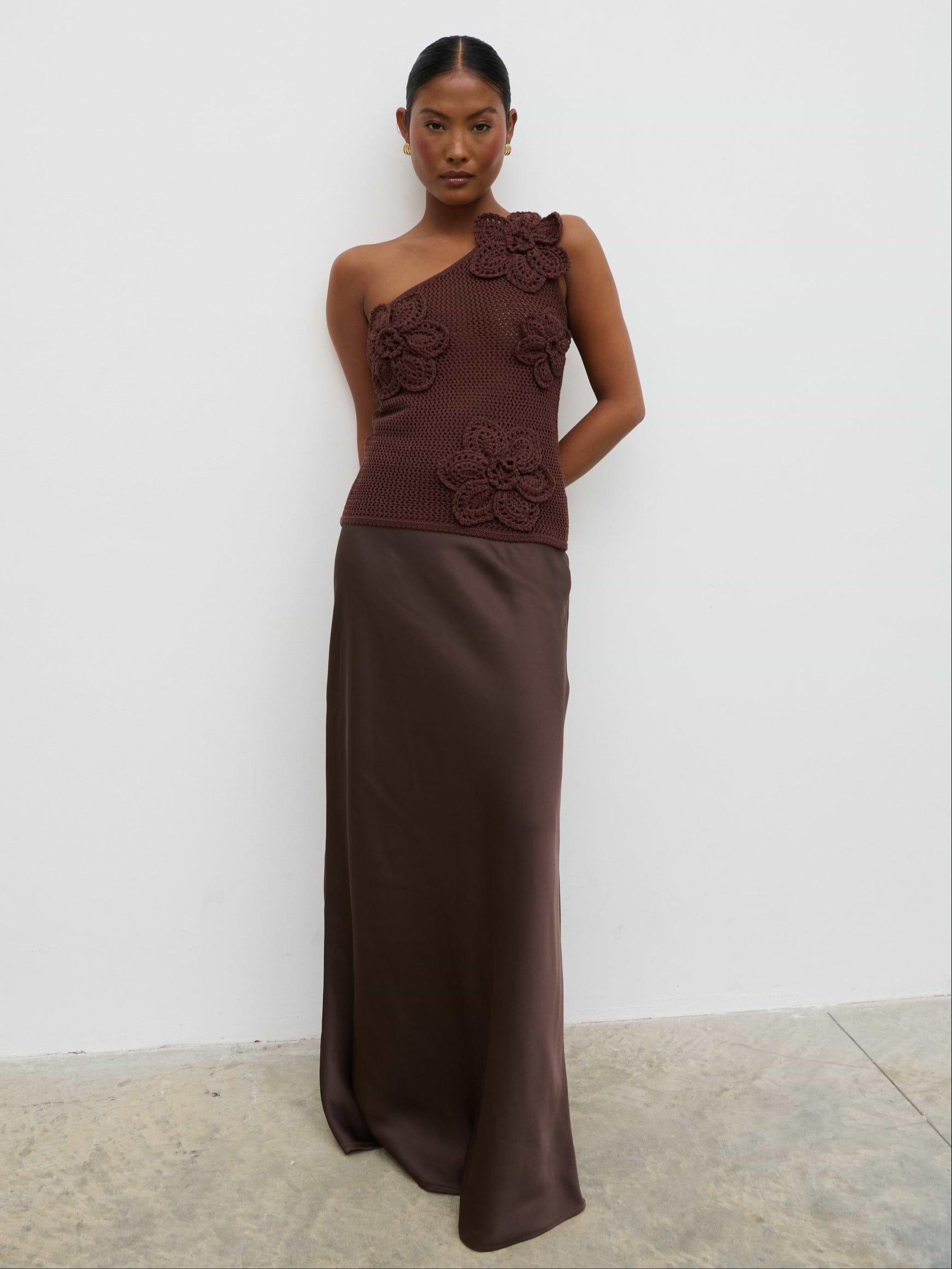 Megan Crochet Flower Knit Top - Brown