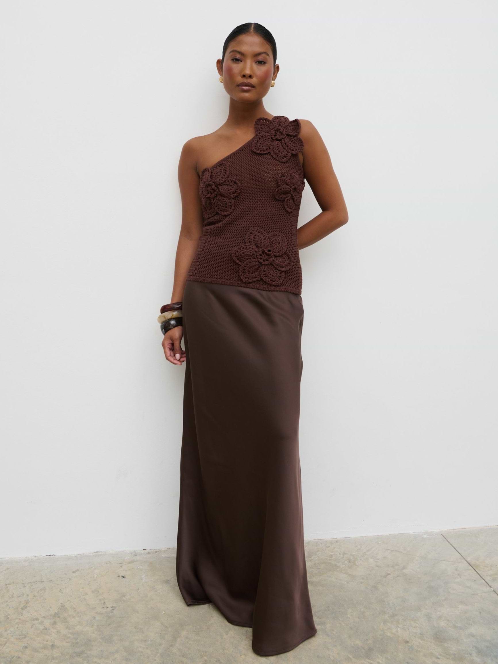 Megan Crochet Flower Knit Top - Brown