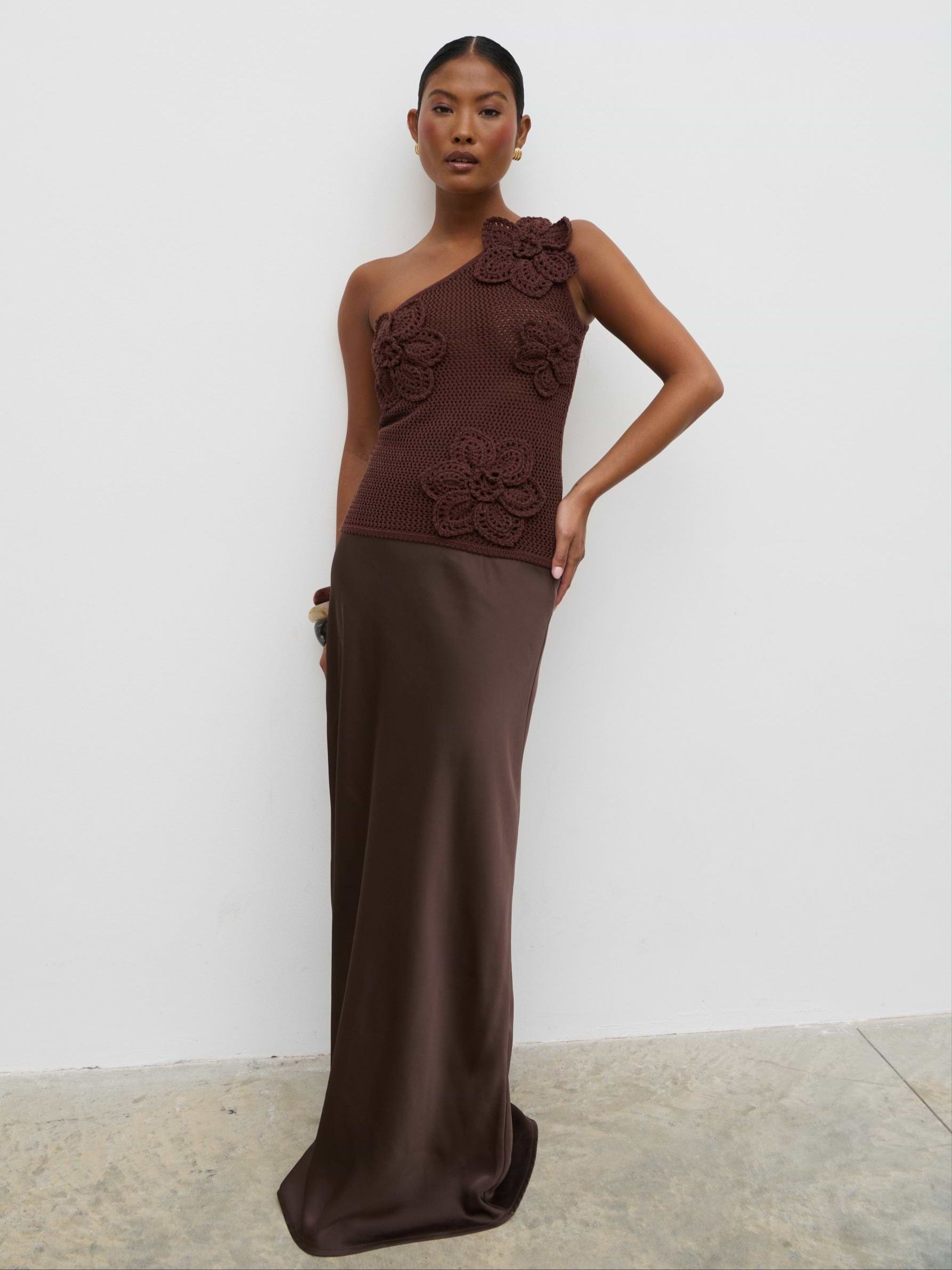 Megan Crochet Flower Knit Top - Brown