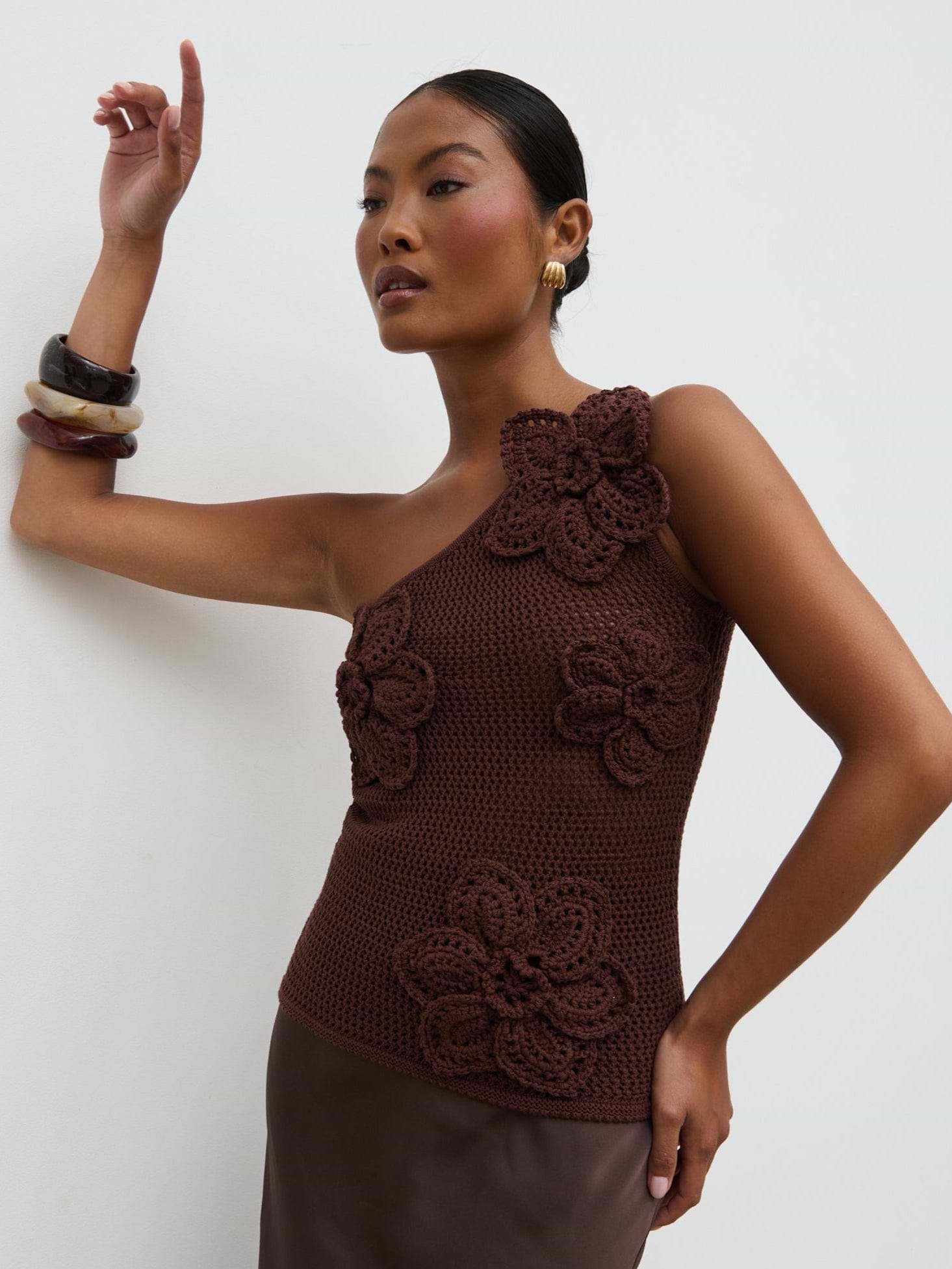 Megan Crochet Flower Knit Top - Brown