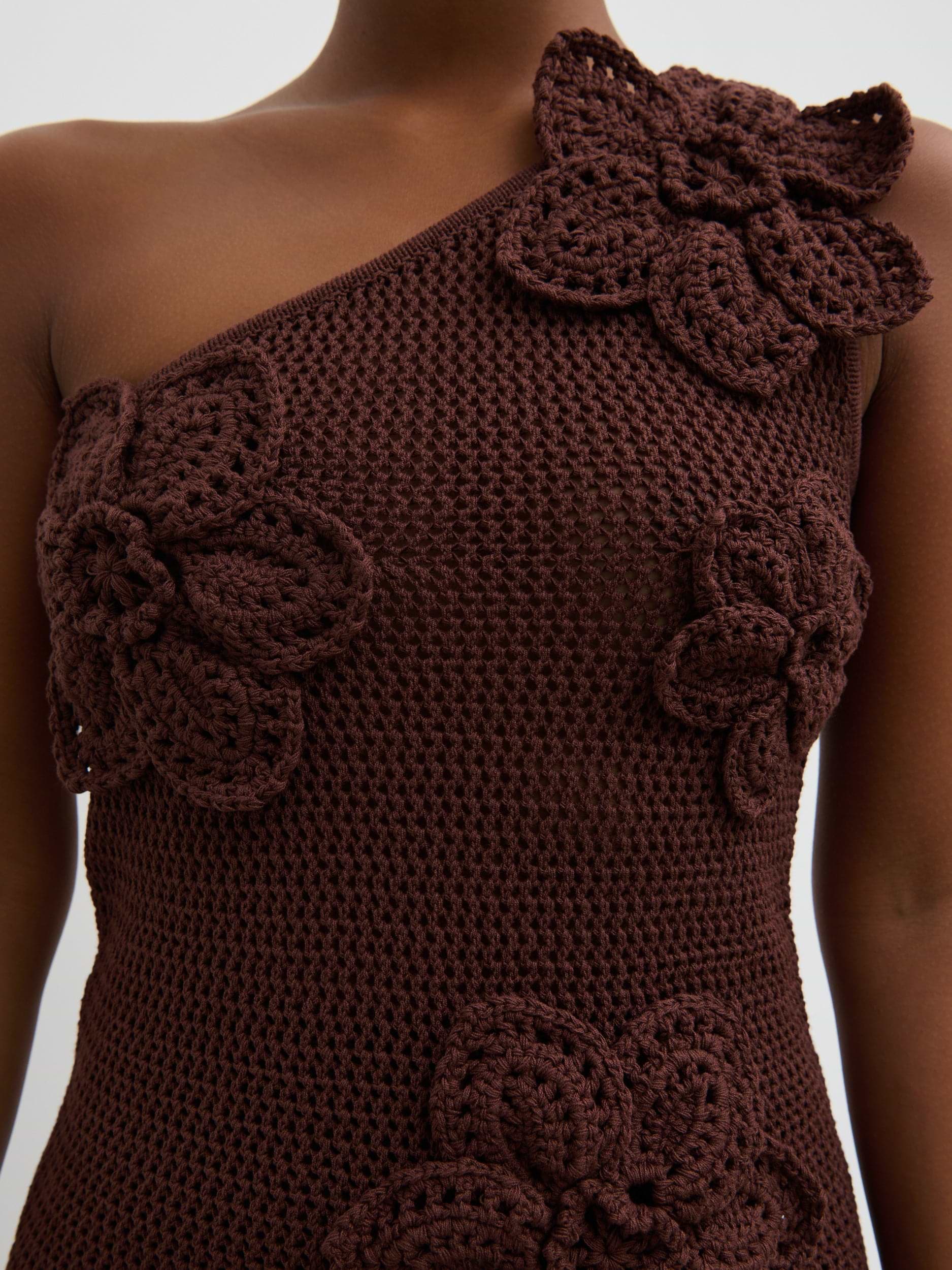 Megan Crochet Flower Knit Top - Brown