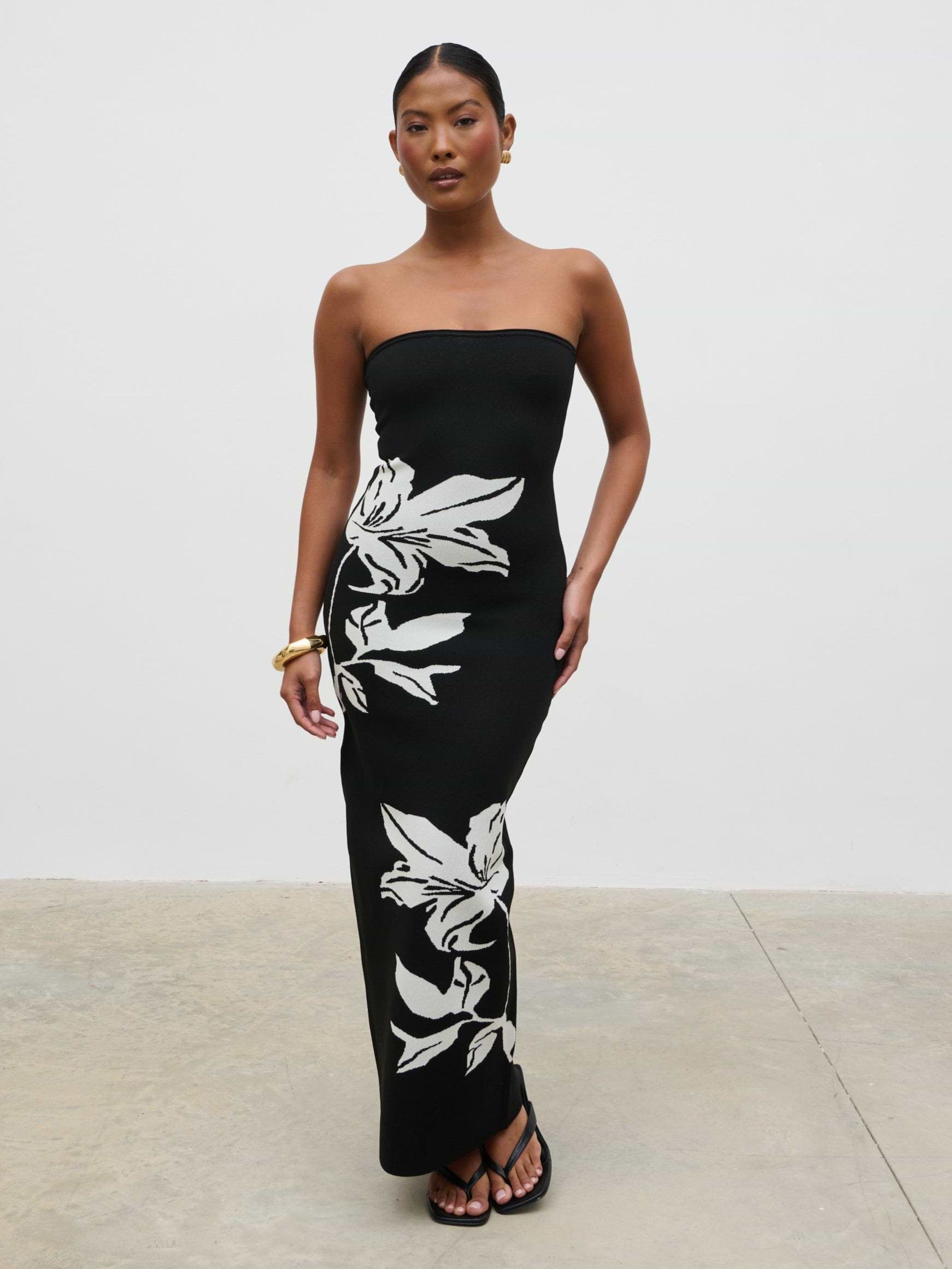 Milena Floral Bandeau Knit Midaxi Dress - Black and Cream